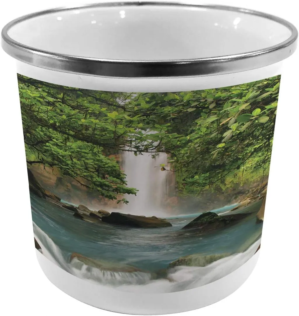 Lunarable Waterfall Steel Camping Mug, Majestic Cascade Down to River Deep Down in The Forest Natural Wonders Photo, Printed Thermal Cup for Camping and Outdoor Activities, Green Blue