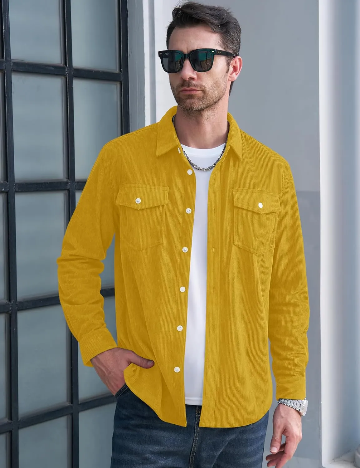 MAGCOMSEN Men's Corduroy Shirt Jacket Long Sleeve Lightweight Jacket Button-Up Casual Shacket with Flap Pockets