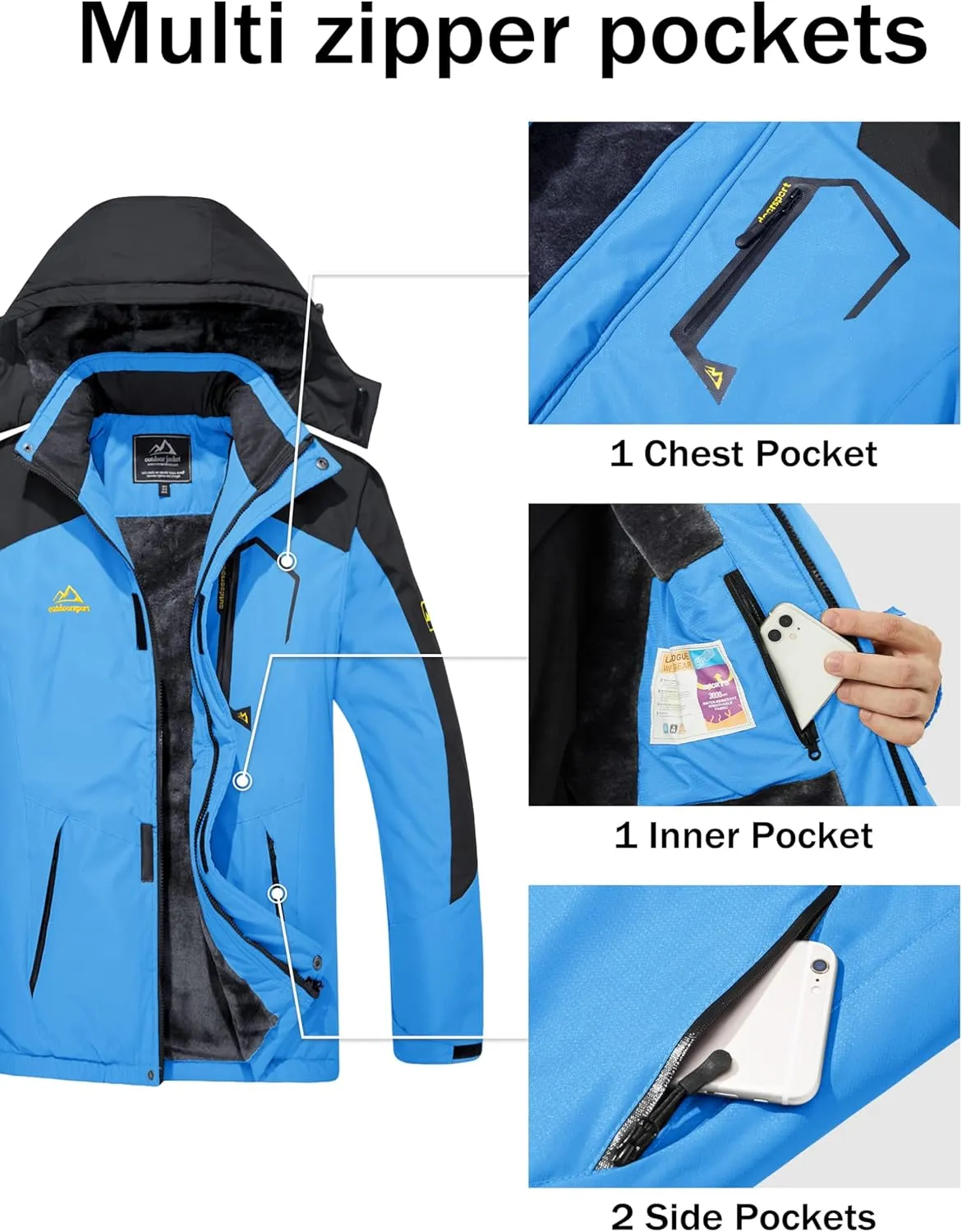 MAGCOMSEN Men's Winter Coats Water Resistant Ski Snow Jacket Warm Fleece Jacket Parka Raincoats With Multi-Pockets