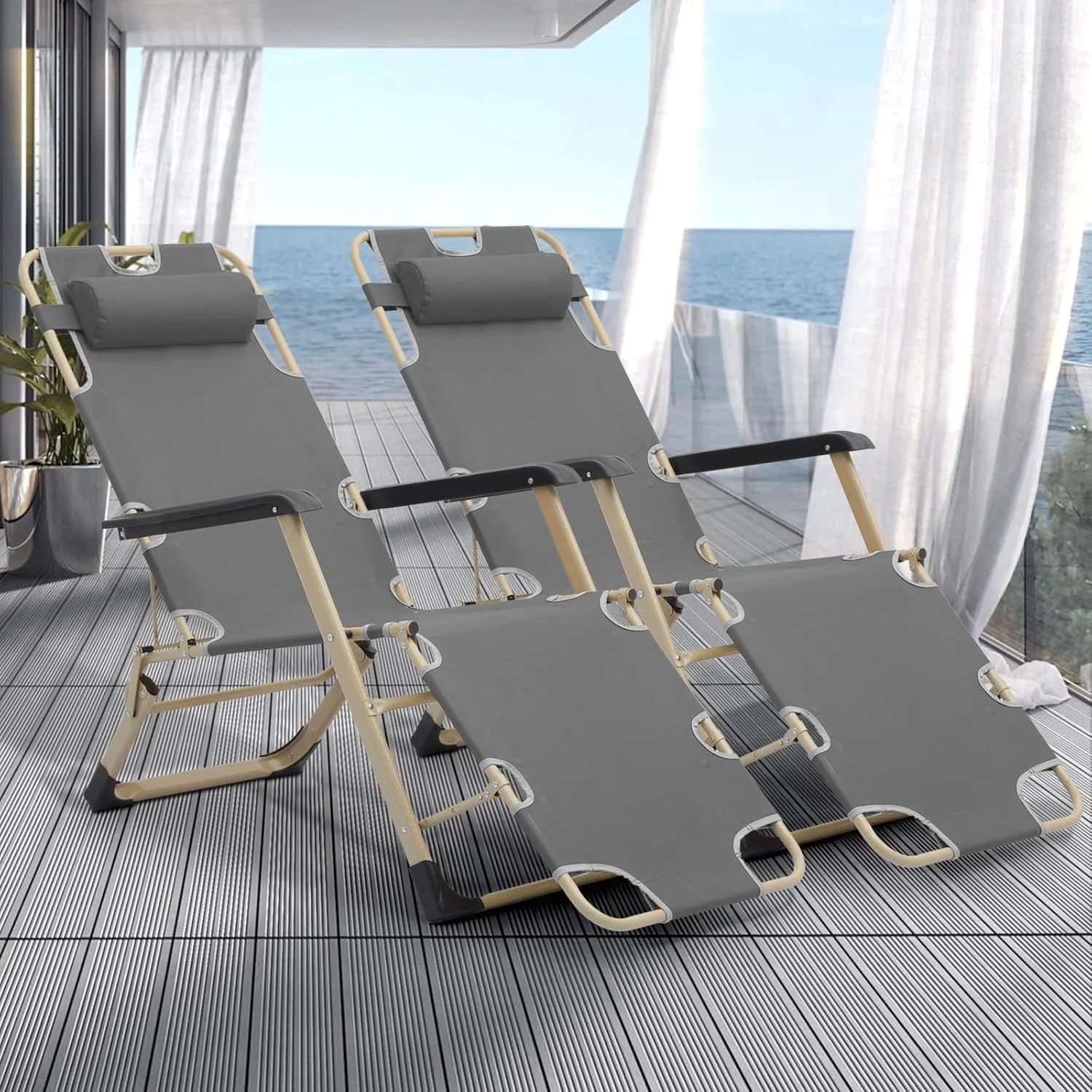 Magshion Outdoor Folding Chaise Lounge Chair 2 Pack Portable Lightweight Reclining Lounge Chair with Adjustable Backrest and Headrest for Outside Patio Pool Side, 300 lbs (Grey)