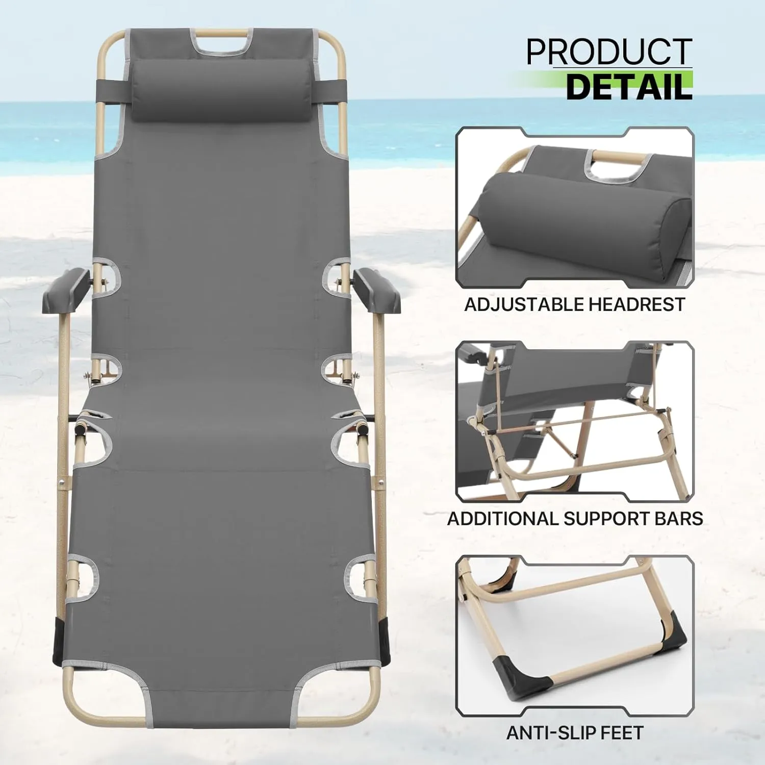 Magshion Outdoor Folding Chaise Lounge Chair 2 Pack Portable Lightweight Reclining Lounge Chair with Adjustable Backrest and Headrest for Outside Patio Pool Side, 300 lbs (Grey)
