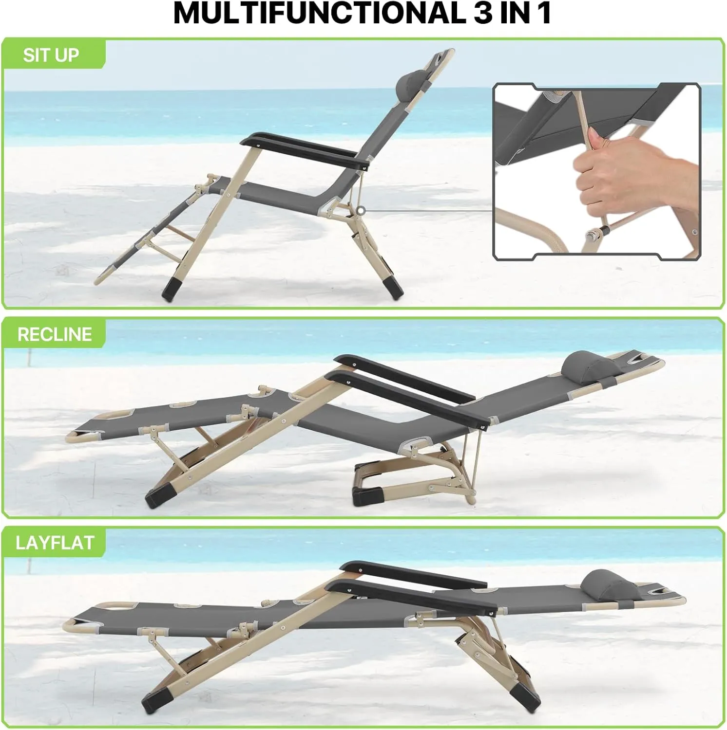 Magshion Outdoor Folding Chaise Lounge Chair 2 Pack Portable Lightweight Reclining Lounge Chair with Adjustable Backrest and Headrest for Outside Patio Pool Side, 300 lbs (Grey)