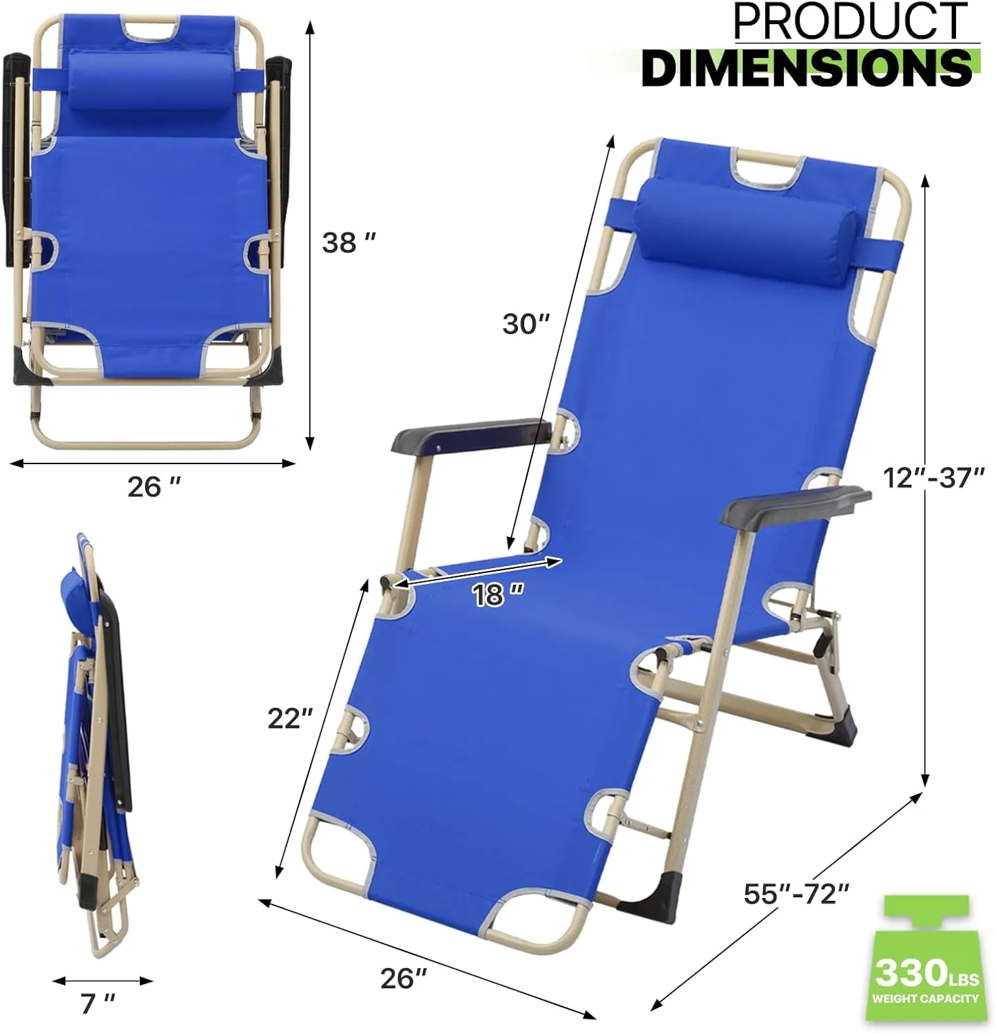 Magshion Patio Folding Lawn Lounge Chairs 2 Pack, Outdoor Reclining Chair with for Yard Camping, 330 lbs Weight Capacity, Blue