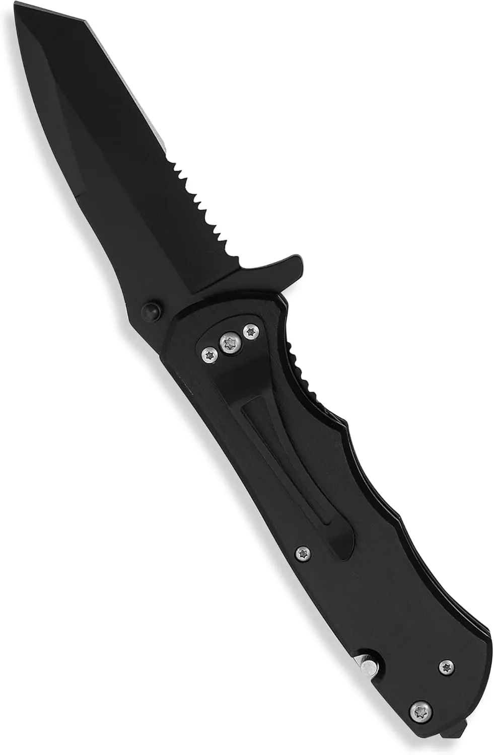 makerflo Black Pocket Knife with a Tactical Spring-Assisted Steel Blade, Metal Handle, and Razor Sharp Serrated Blade with a Belt Clip on the Backside - 1 PC