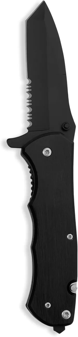 makerflo Black Pocket Knife with a Tactical Spring-Assisted Steel Blade, Metal Handle, and Razor Sharp Serrated Blade with a Belt Clip on the Backside - 1 PC