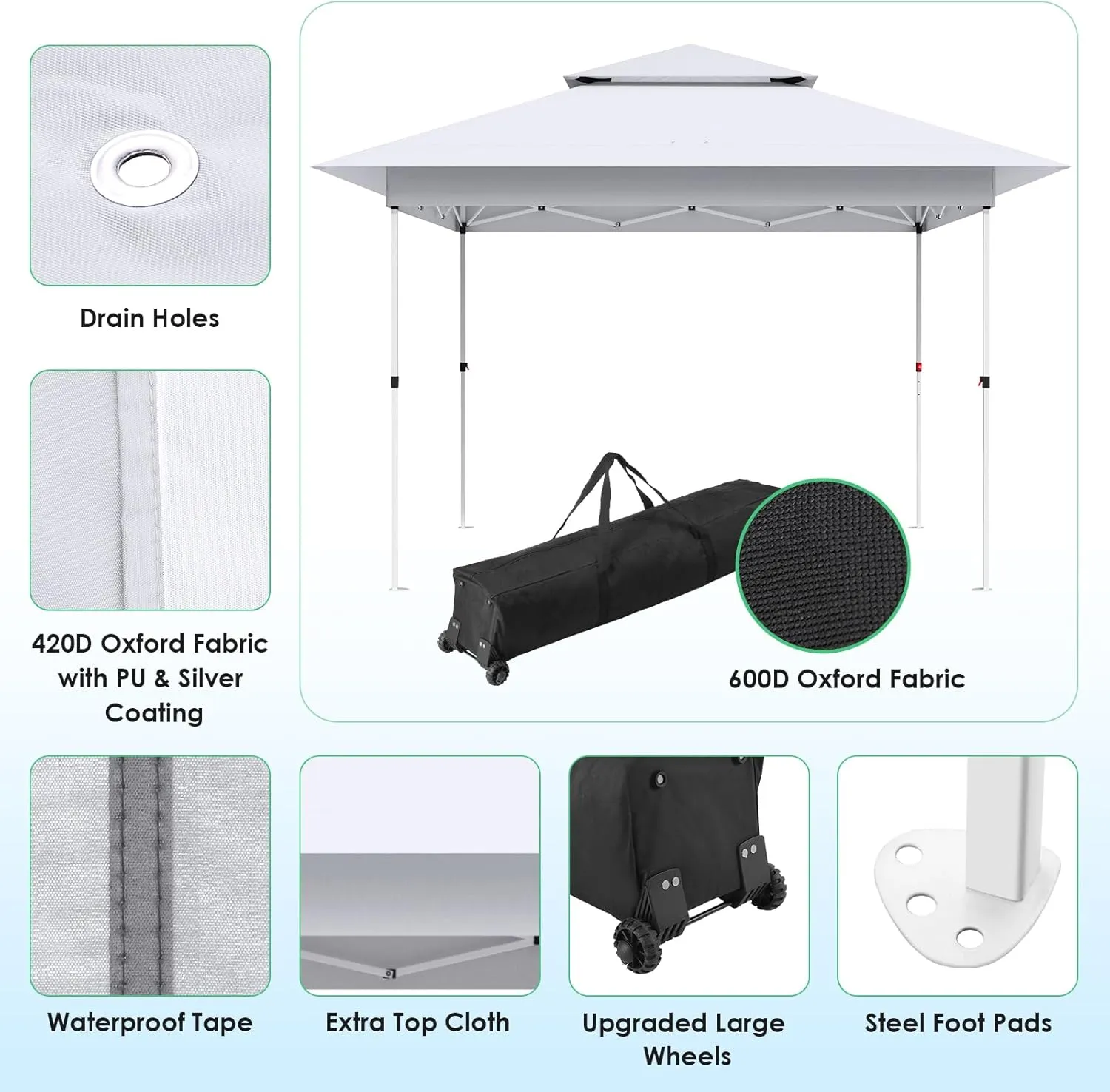 MAMIZO 12x12 Easy Set-up Canopy Tent, Instant Outdoor Straight Leg Canopy w/Auto Extending Eaves, One Person Folding Commercial Shelter w/Upgraded Wheeled Bag, 144 sq.ft Sun Shade (White)