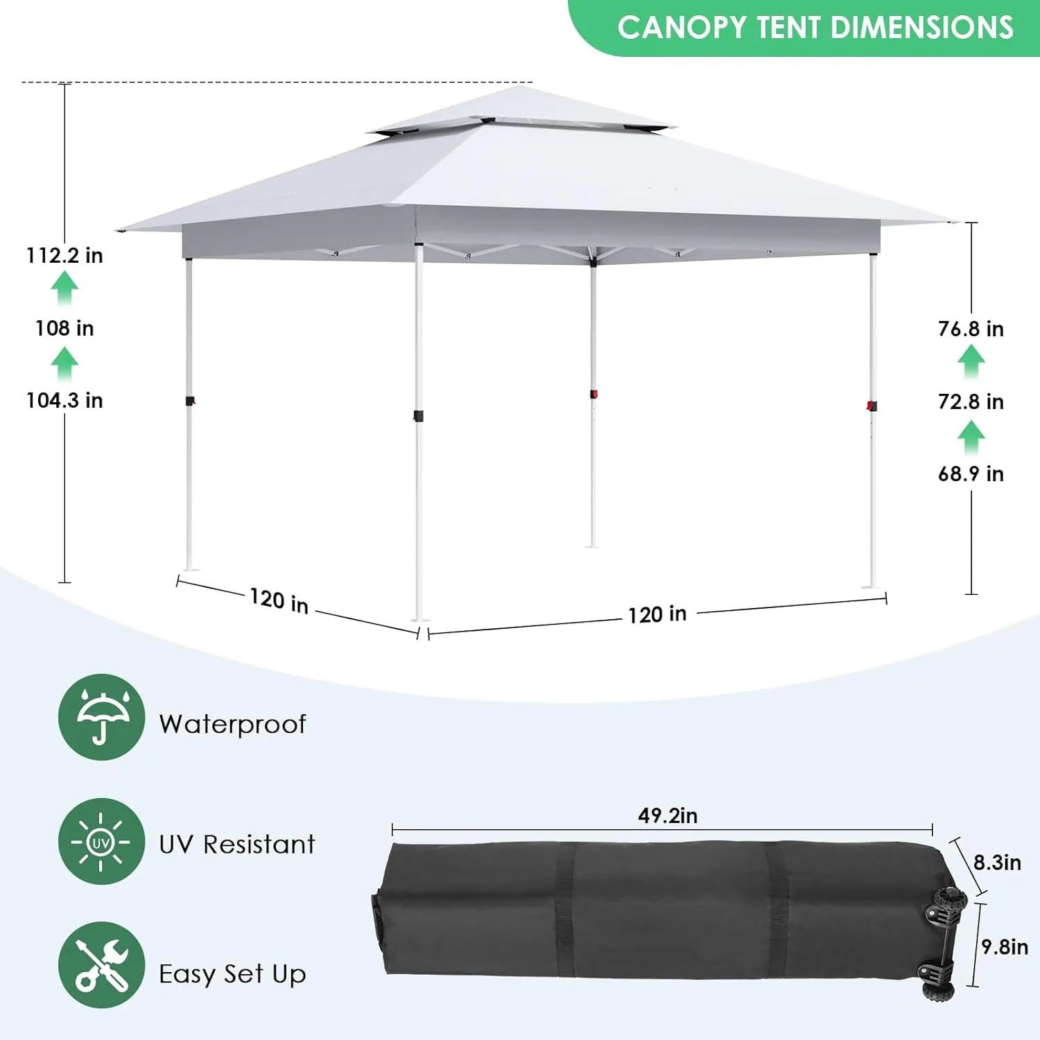 MAMIZO 12x12 Easy Set-up Canopy Tent, Instant Outdoor Straight Leg Canopy w/Auto Extending Eaves, One Person Folding Commercial Shelter w/Upgraded Wheeled Bag, 144 sq.ft Sun Shade (White)