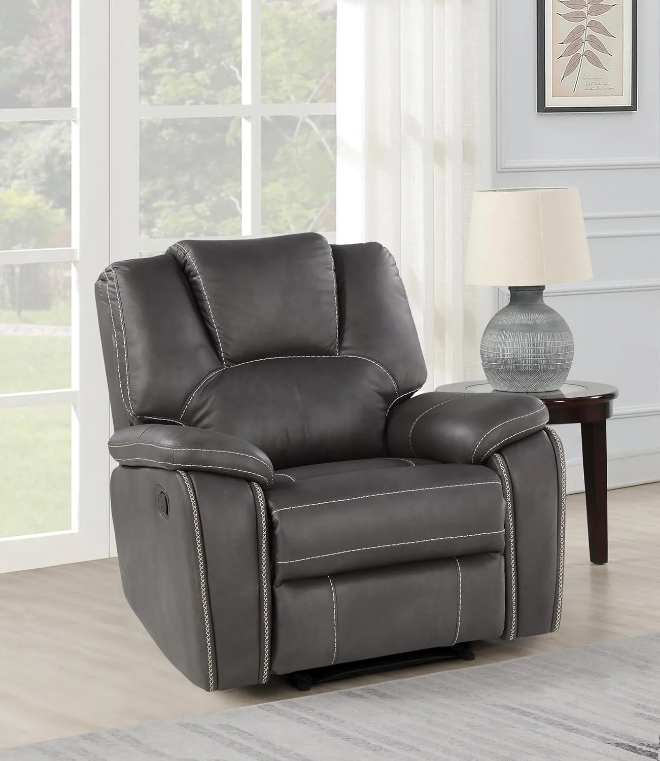 Manual Reclining Chair with Padded Faux-Leather Upholstery, Comfort Design with Headrest, Charcoal Color