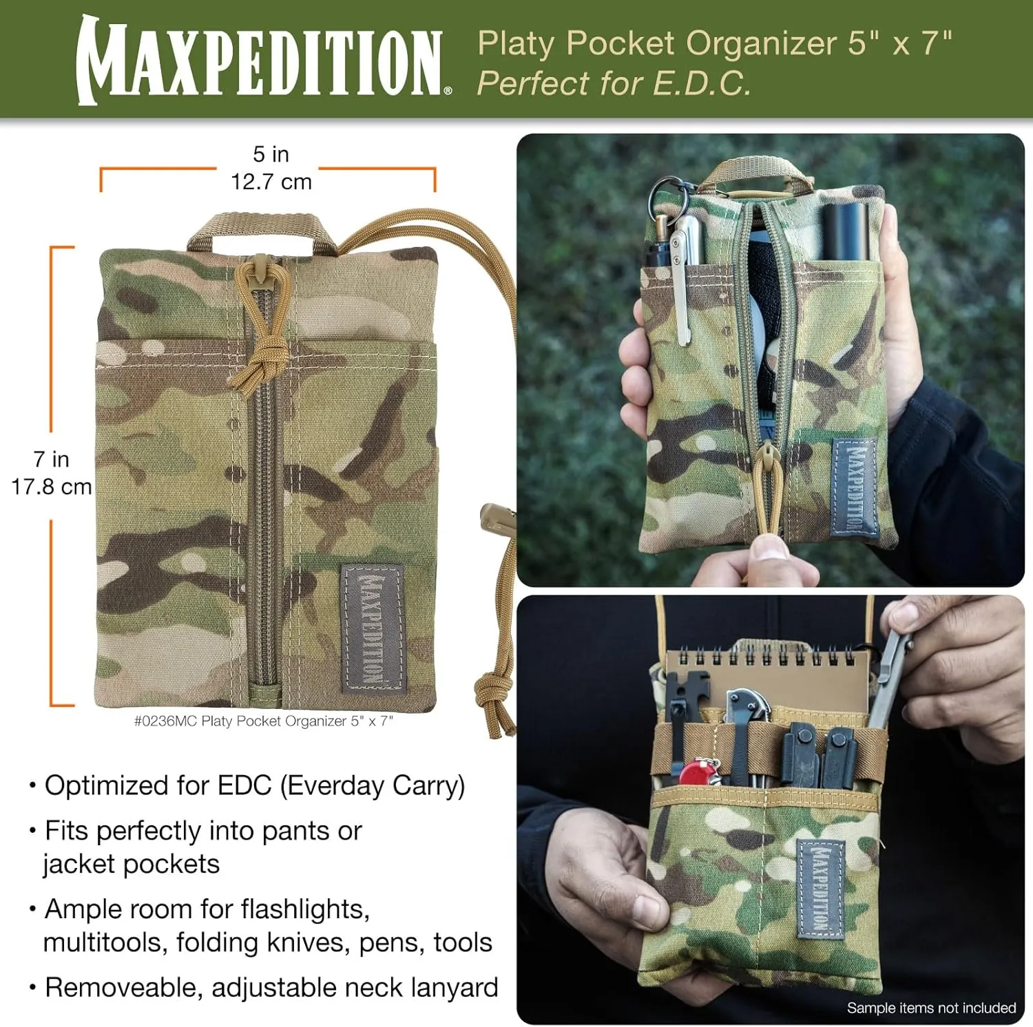 MAXPEDITION Platy Pocket Organizer, Durable EDC Tool Pouch for Men, Neck Wallet with Paracord Lanyard, Holds Flashlight, Multitool, Pen, Notebook