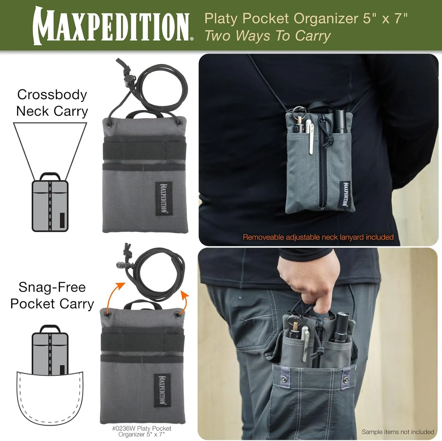 MAXPEDITION Platy Pocket Organizer, Durable EDC Tool Pouch for Men, Neck Wallet with Paracord Lanyard, Holds Flashlight, Multitool, Pen, Notebook