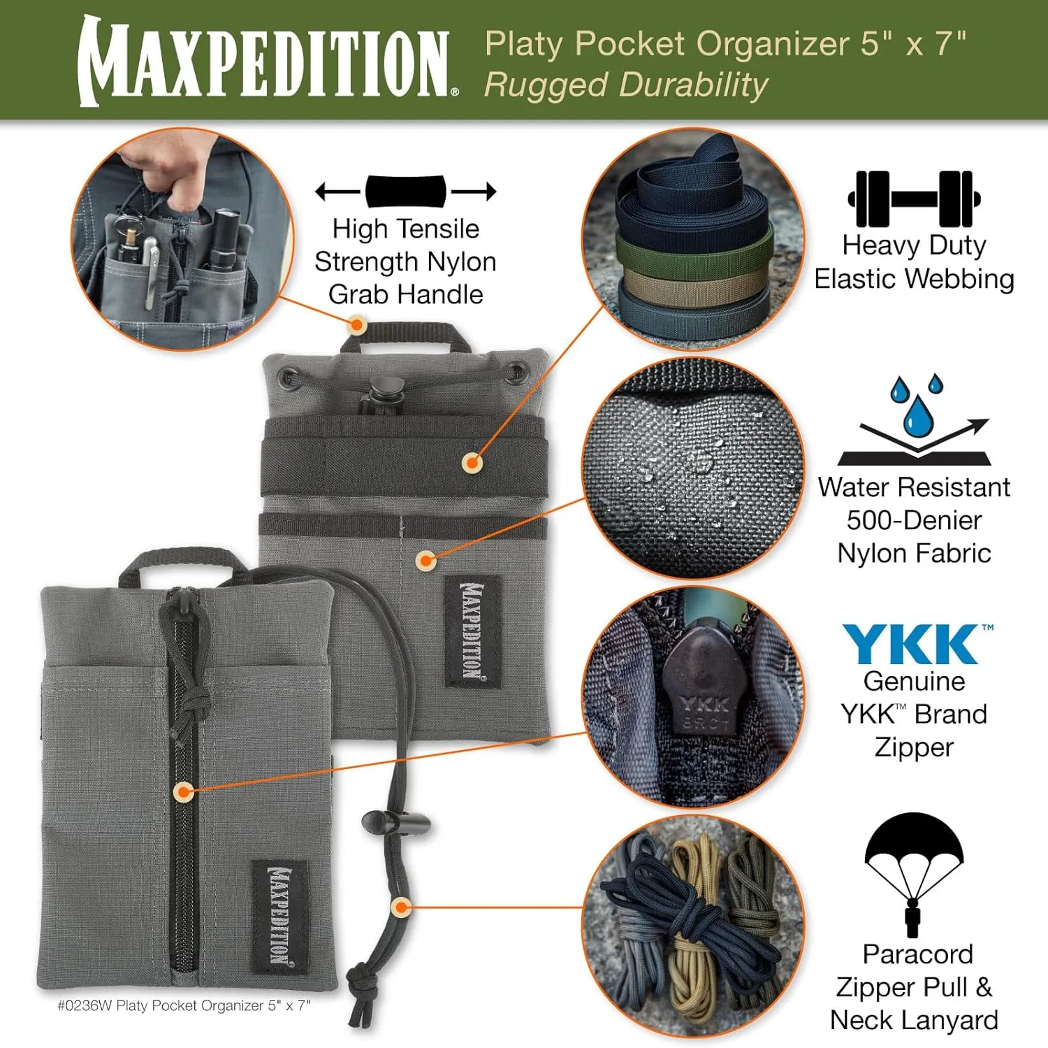 MAXPEDITION Platy Pocket Organizer, Durable EDC Tool Pouch for Men, Neck Wallet with Paracord Lanyard, Holds Flashlight, Multitool, Pen, Notebook