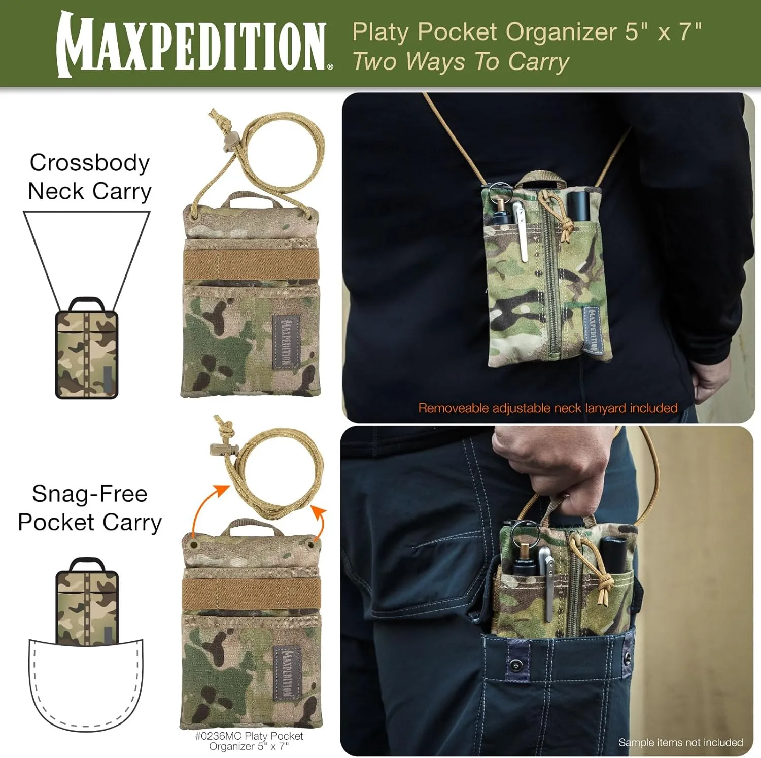 MAXPEDITION Platy Pocket Organizer, Durable EDC Tool Pouch for Men, Neck Wallet with Paracord Lanyard, Holds Flashlight, Multitool, Pen, Notebook