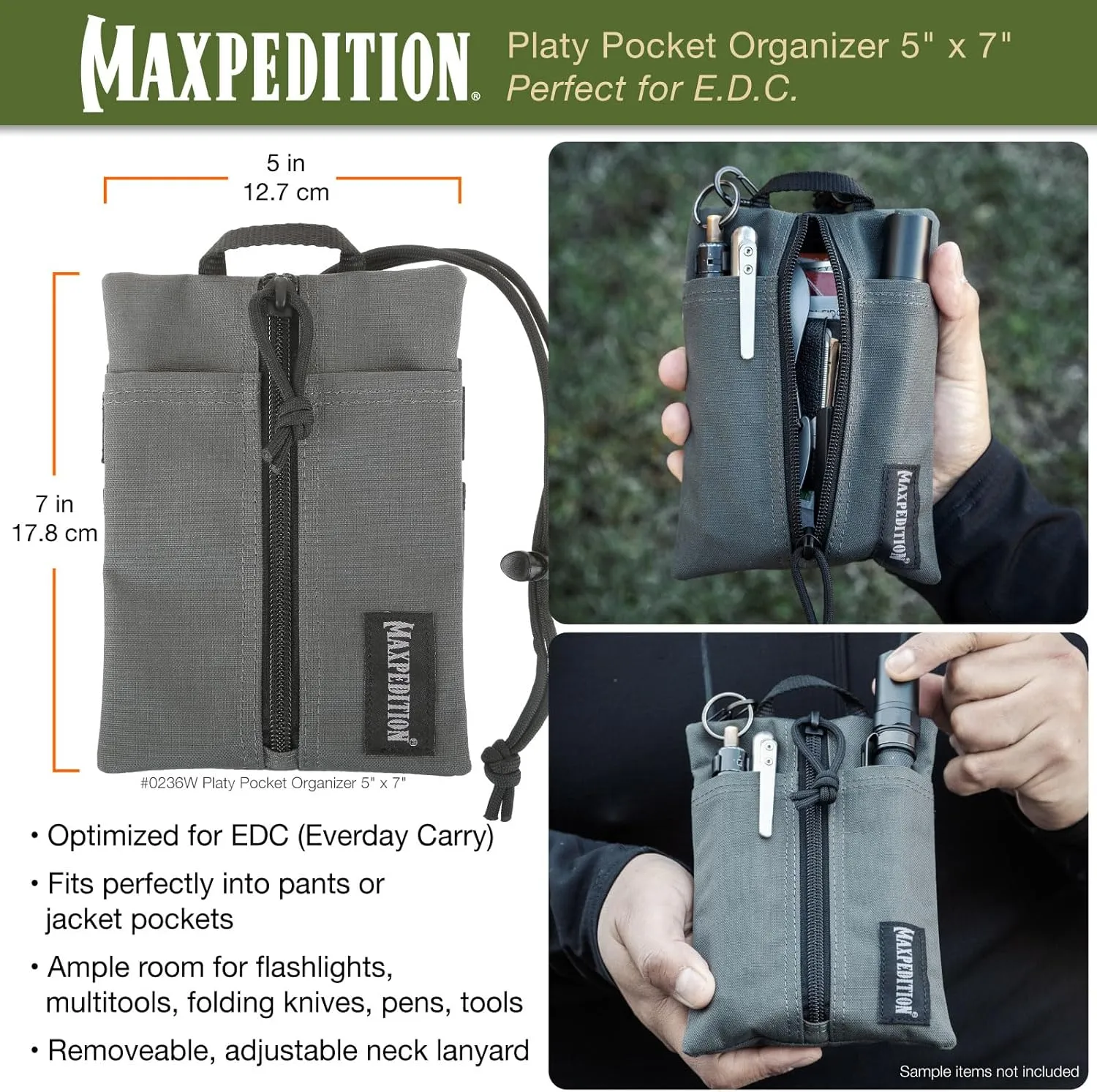 MAXPEDITION Platy Pocket Organizer, Durable EDC Tool Pouch for Men, Neck Wallet with Paracord Lanyard, Holds Flashlight, Multitool, Pen, Notebook