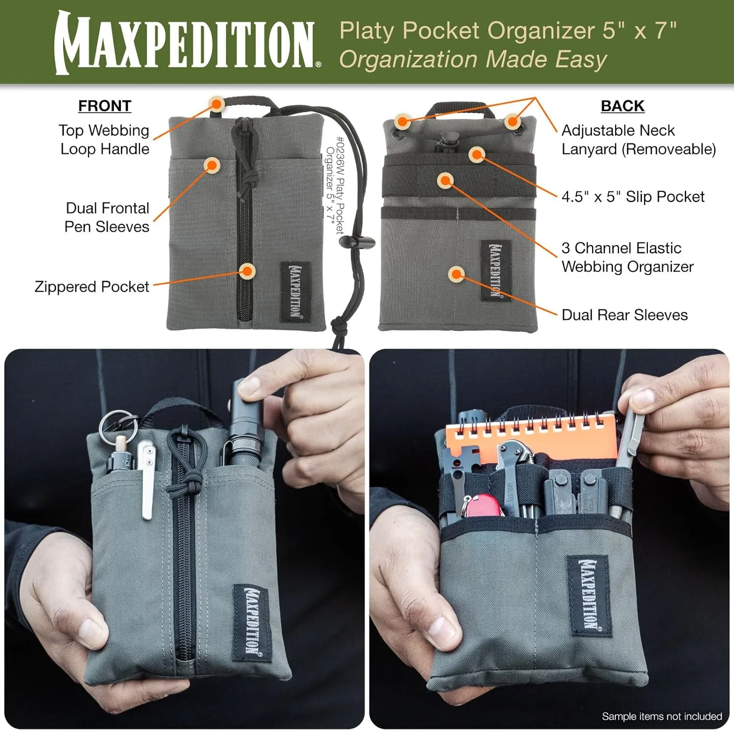 MAXPEDITION Platy Pocket Organizer, Durable EDC Tool Pouch for Men, Neck Wallet with Paracord Lanyard, Holds Flashlight, Multitool, Pen, Notebook