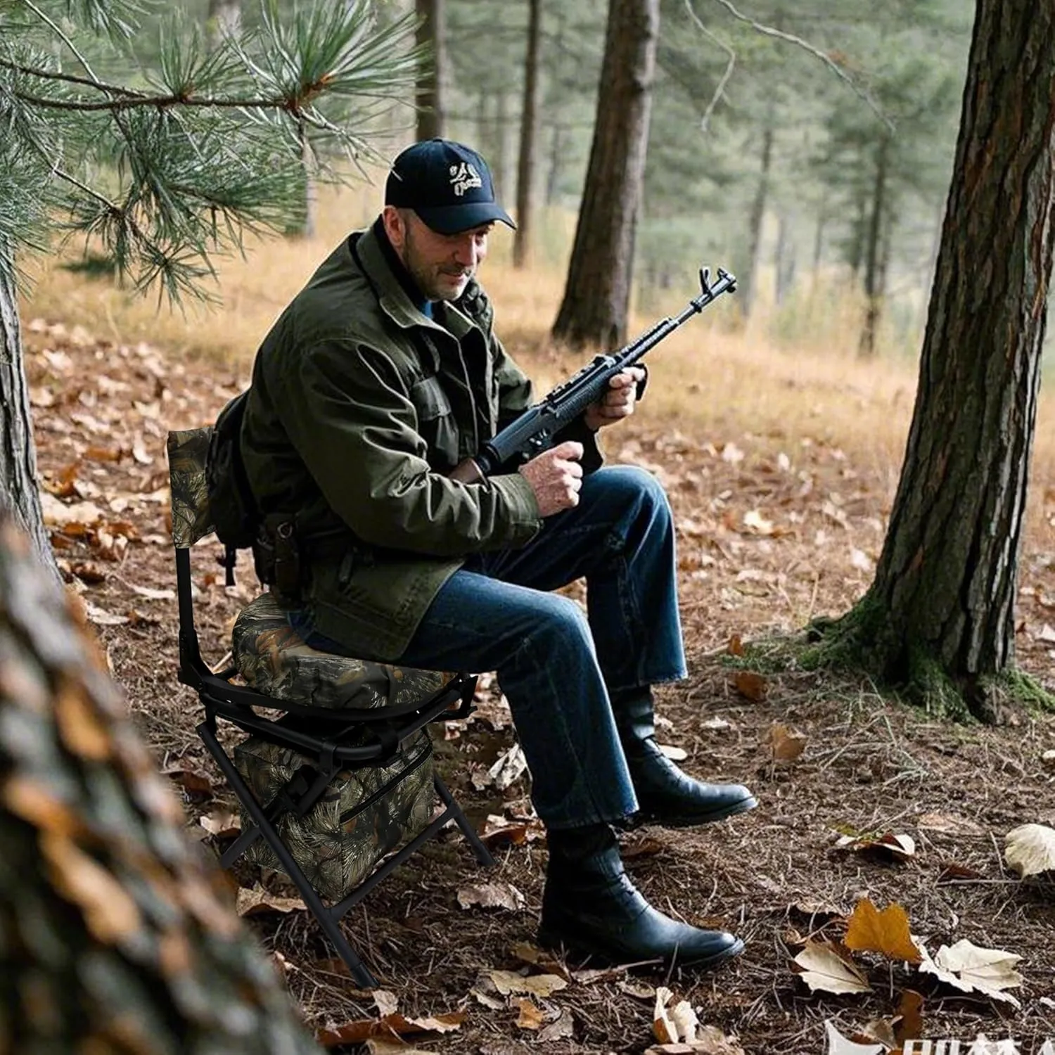 MDSTOP 360 Degree Swivel Hunting Chair for Ground Blinds, Folding Hunting Seat, Fishing Chair, Lightweight, Portable, Padded Cushion for Dove Deer Hunting, Fishing, Camping(Pine Needle Camo)