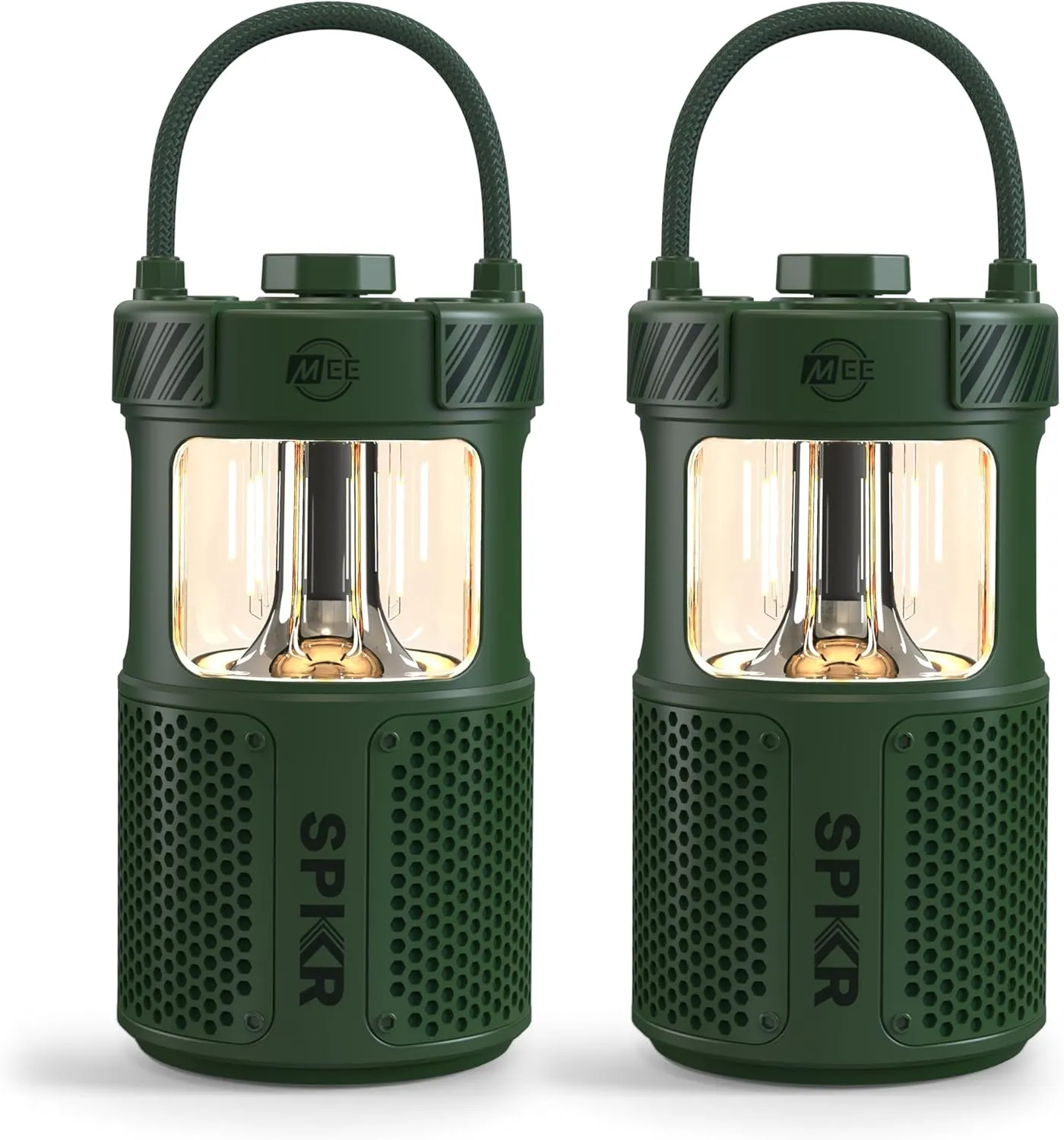 MEE audio lightSPKR 2 Pack Bluetooth Wireless Speaker with Camping Lantern: 360° Audio, IPX6 Waterproof & Infinite Brightness Adjustment for Camping/Yard/Patio/Porch, Forest Green