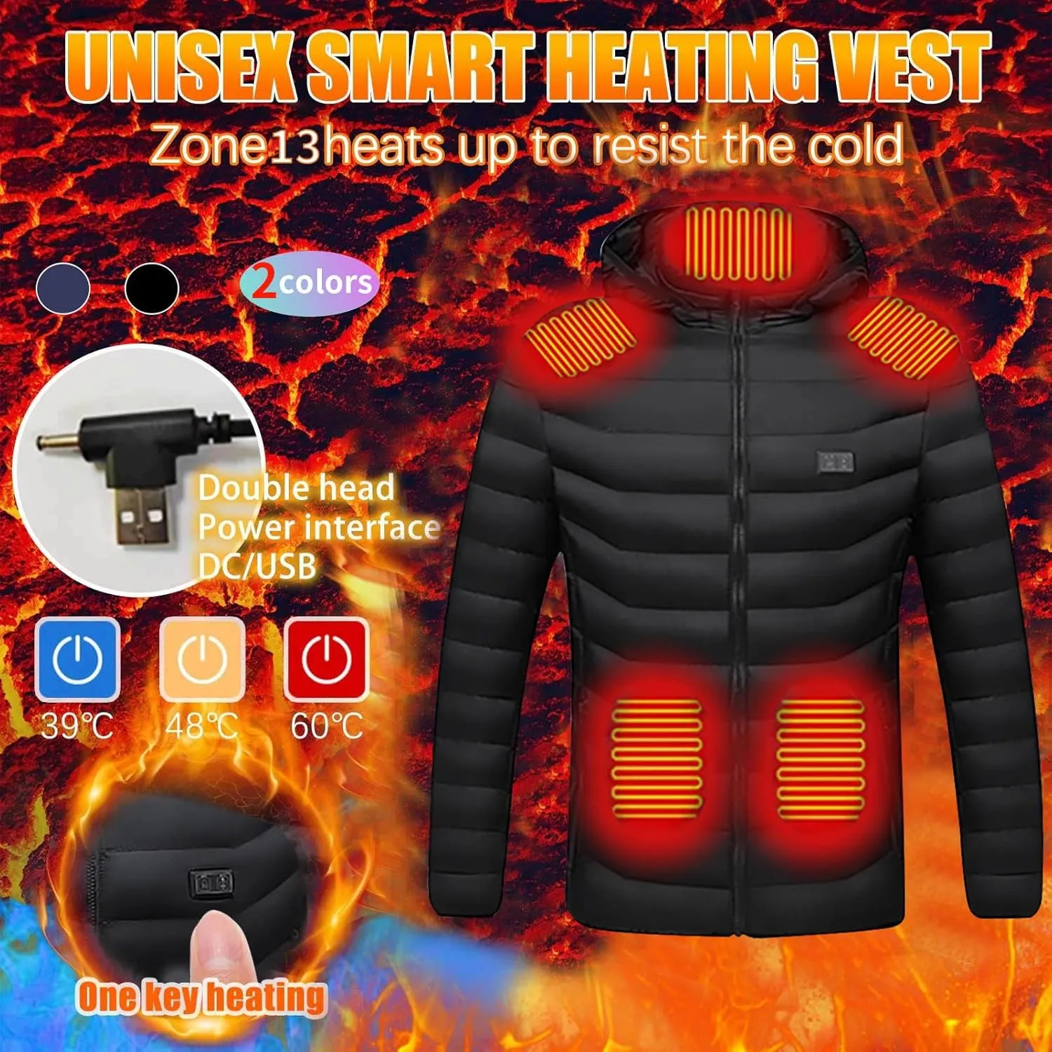 Men Women Heated Jacket USB Charging Electric Hooded Heated Coat 11/13/17 Heating Area Full Zip Heated Body Warmer