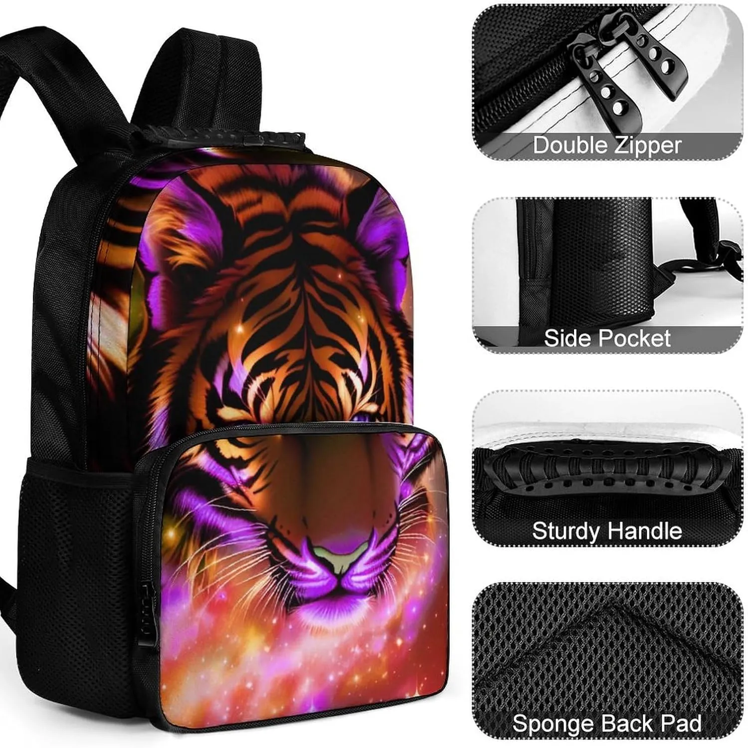 Men Women Lightweight Mystic Fantasy Galaxy Sky Fantasy Tiger Wild Animals Boho Style Backpack Large Capacity Carry On Bag With Padded Straps for Sports Work Walking Cycling