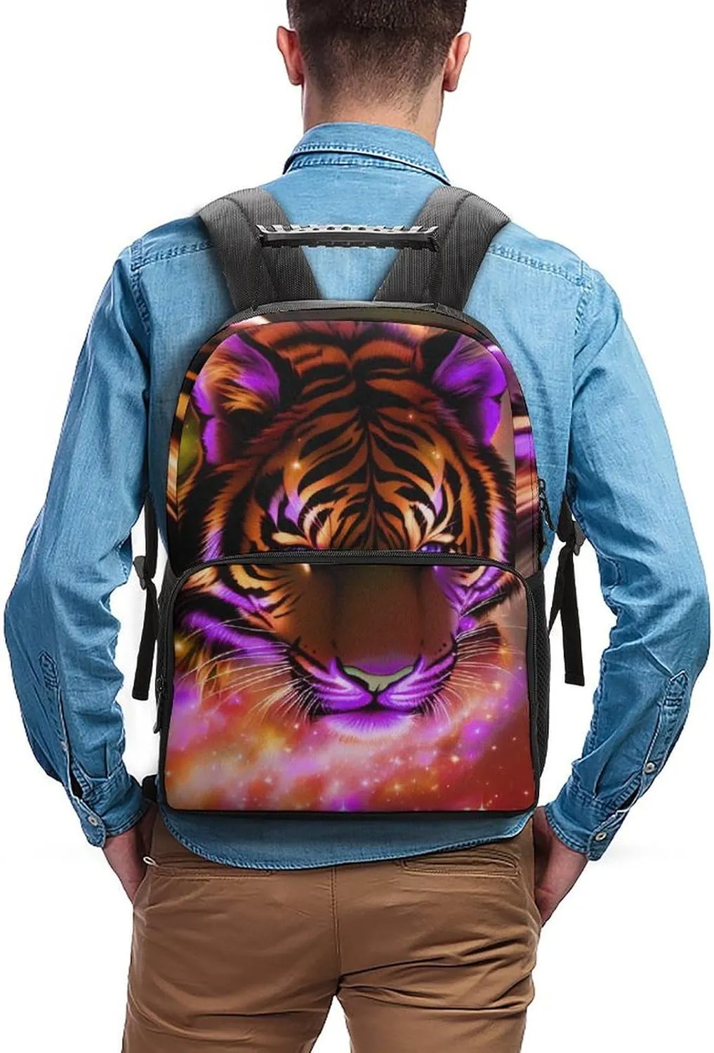 Men Women Lightweight Mystic Fantasy Galaxy Sky Fantasy Tiger Wild Animals Boho Style Backpack Large Capacity Carry On Bag With Padded Straps for Sports Work Walking Cycling