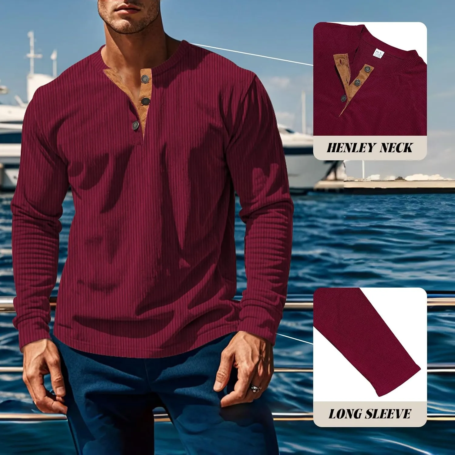Men's Henley Shirts Corduroy Long Sleeve Button T-Shirt Casual Lightweight Pullover Shirt
