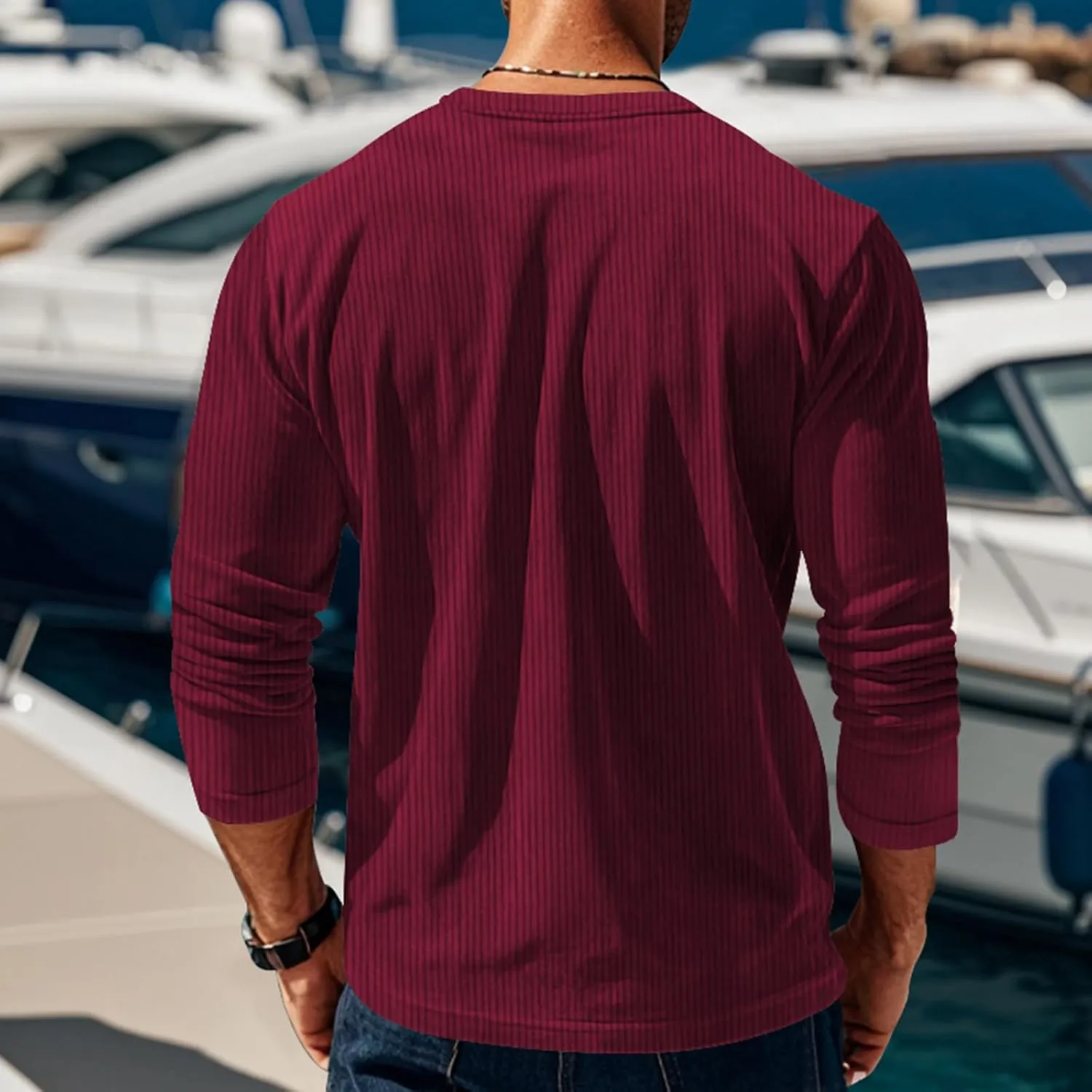 Men's Henley Shirts Corduroy Long Sleeve Button T-Shirt Casual Lightweight Pullover Shirt