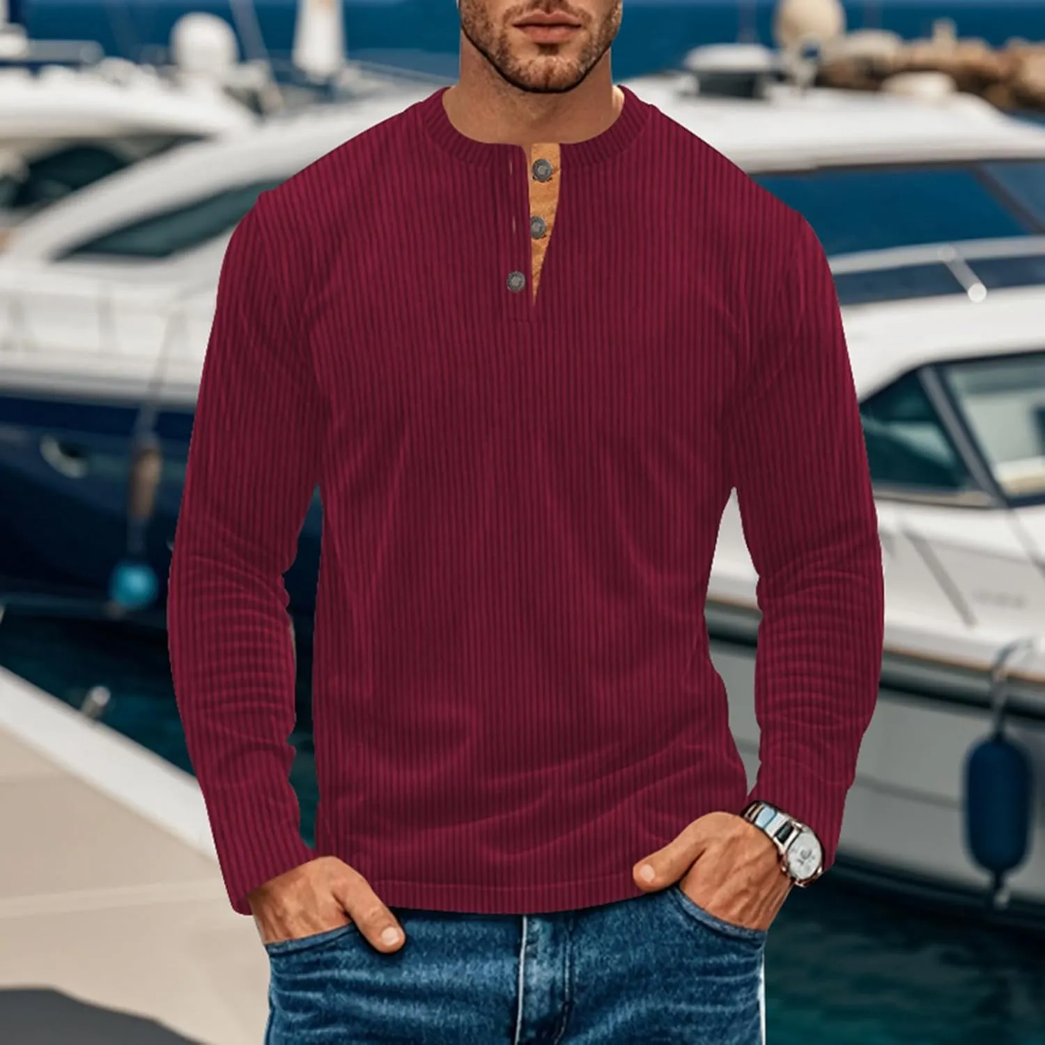 Men's Henley Shirts Corduroy Long Sleeve Button T-Shirt Casual Lightweight Pullover Shirt