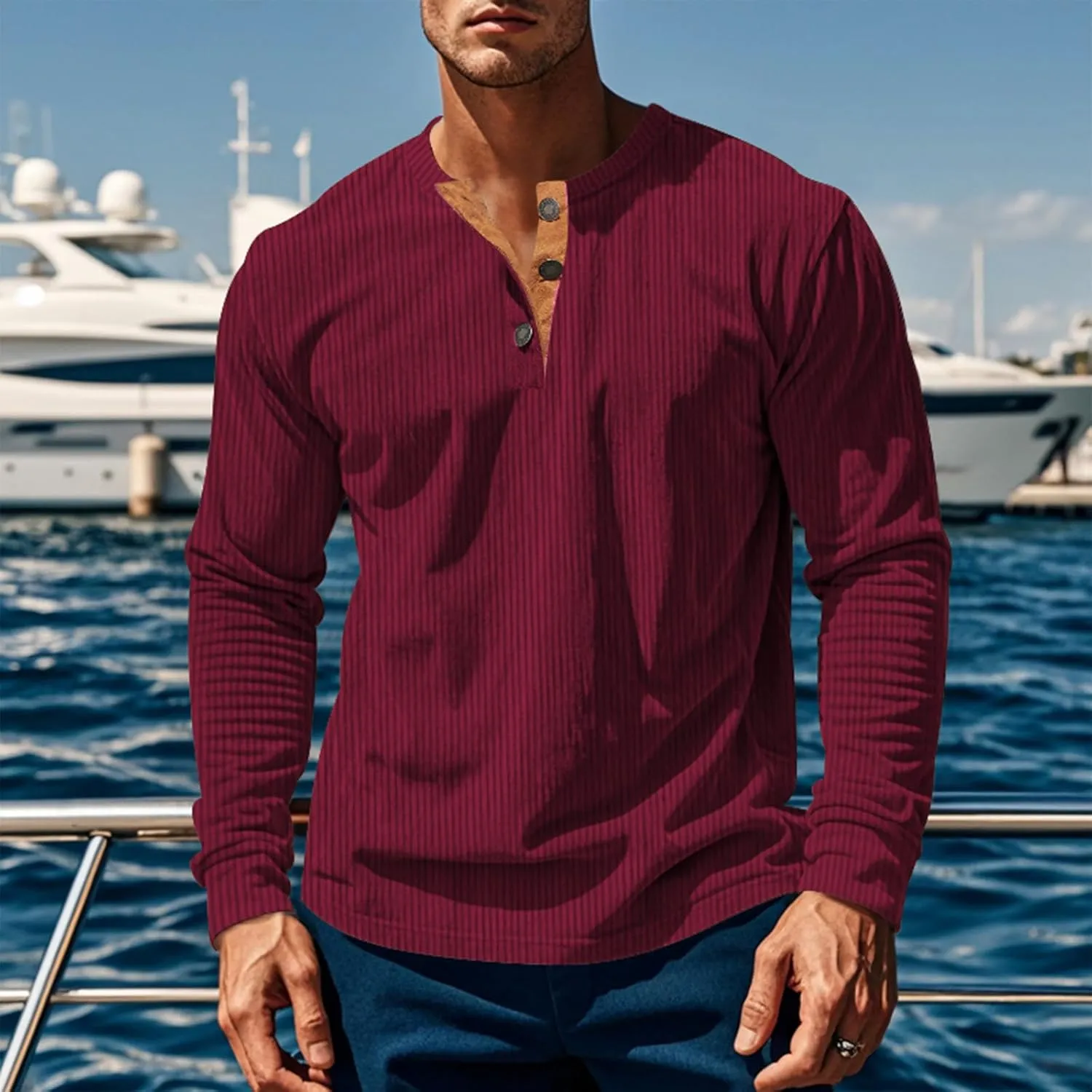 Men's Henley Shirts Corduroy Long Sleeve Button T-Shirt Casual Lightweight Pullover Shirt