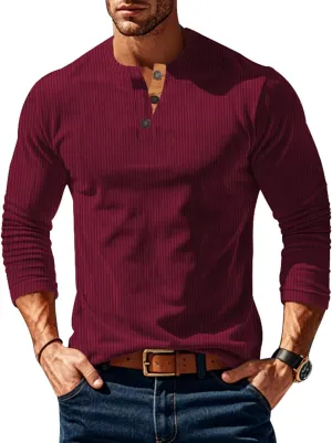 Men's Henley Shirts Corduroy Long Sleeve Button T-Shirt Casual Lightweight Pullover Shirt