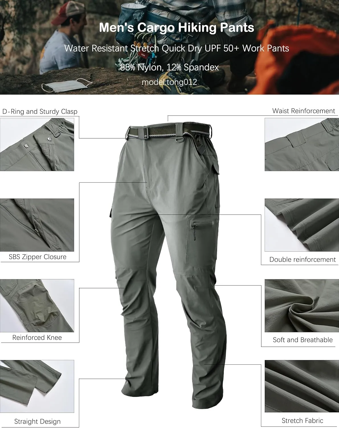 Men's Hiking Tactical Cargo Work Pants Quick Dry Waterproof Lightweight Travel Fishing Camping Outdoor Pants