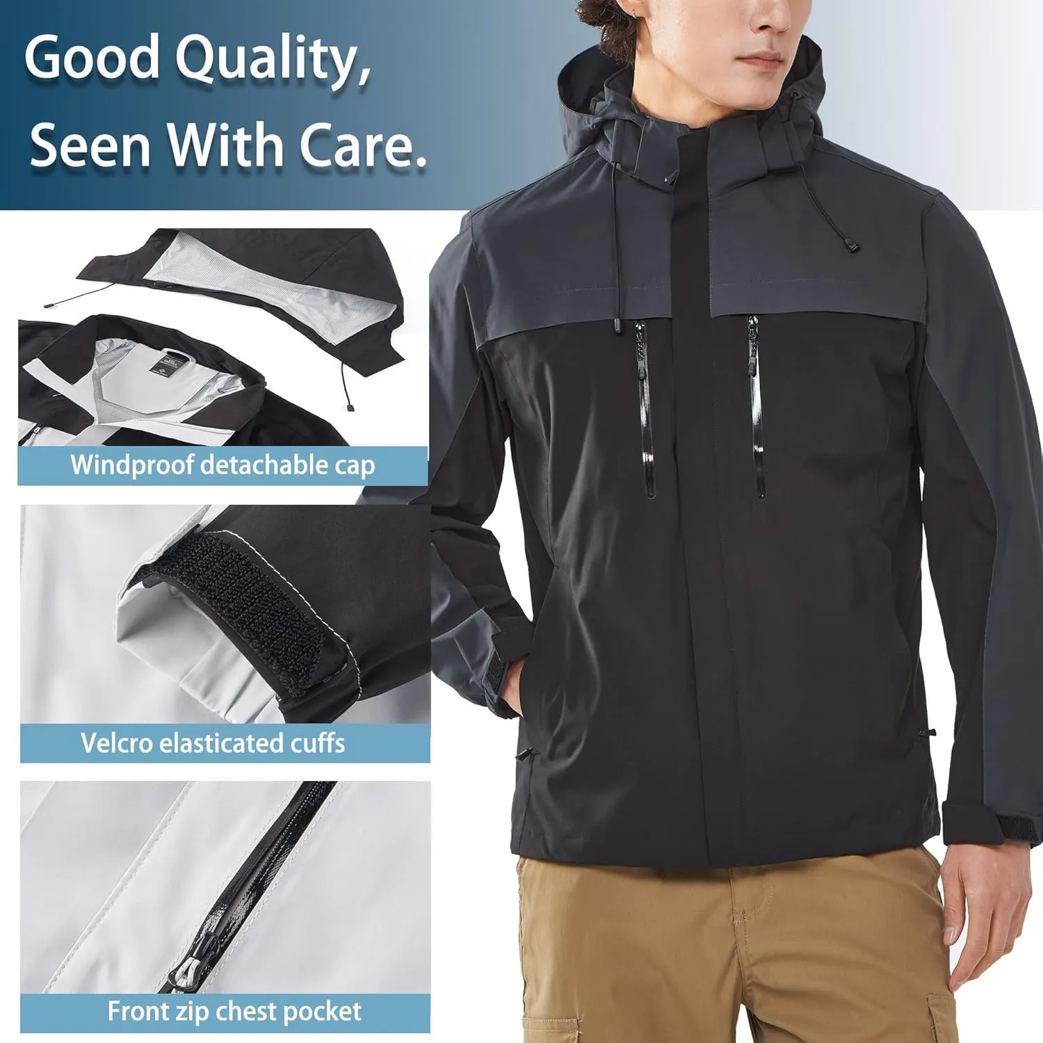 Men's Jacket with Hood Waterproof Windbreaker Lightweight Rainproof Jacket