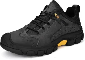 Men's Leather Lace up Breathable Non-Slip Hiking Shoes Soft Low Top Wear-Resistant Lightweight Casual Walking Work Shoes for Outdoor Trailing Trekking