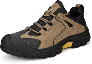 Men's Leather Lace up Breathable Non-Slip Hiking Shoes Soft Low Top Wear-Resistant Lightweight Casual Walking Work Shoes for Outdoor Trailing Trekking