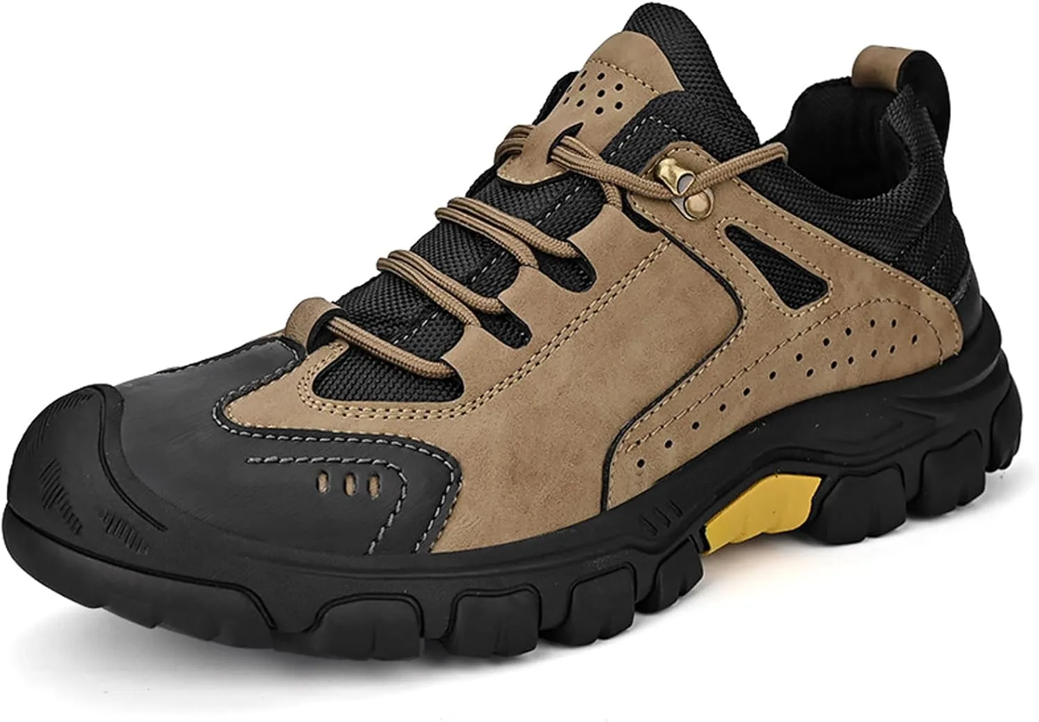 Men's Leather Lace up Breathable Non-Slip Hiking Shoes Soft Low Top Wear-Resistant Lightweight Casual Walking Work Shoes for Outdoor Trailing Trekking