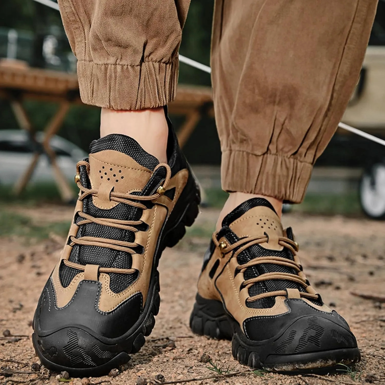 Men's Leather Lace up Breathable Non-Slip Hiking Shoes Soft Low Top Wear-Resistant Lightweight Casual Walking Work Shoes for Outdoor Trailing Trekking