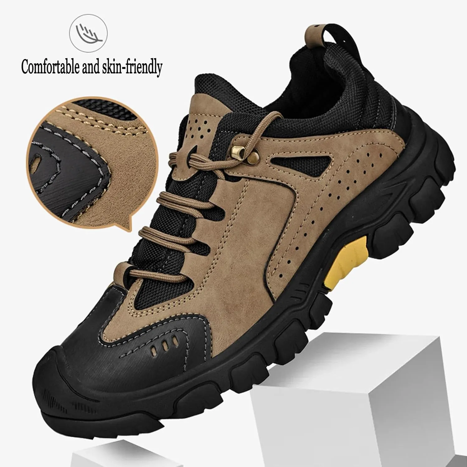 Men's Leather Lace up Breathable Non-Slip Hiking Shoes Soft Low Top Wear-Resistant Lightweight Casual Walking Work Shoes for Outdoor Trailing Trekking