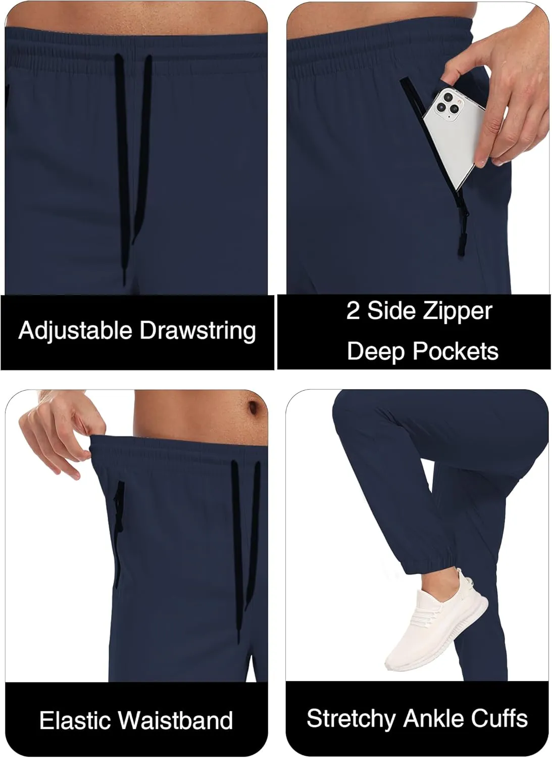 Men's Lightweight Hiking Pants Water Resistant Quick-Drying Outdoor Tapered Cargo with Elastic Waist Zippered Pockets