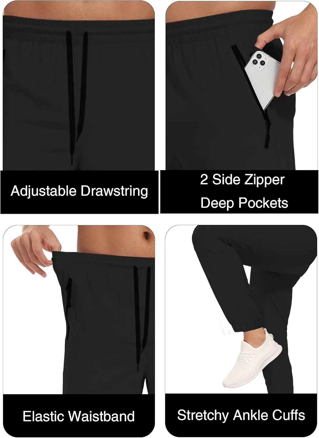Men's Lightweight Hiking Pants Water Resistant Quick-Drying Outdoor Tapered Cargo with Elastic Waist Zippered Pockets