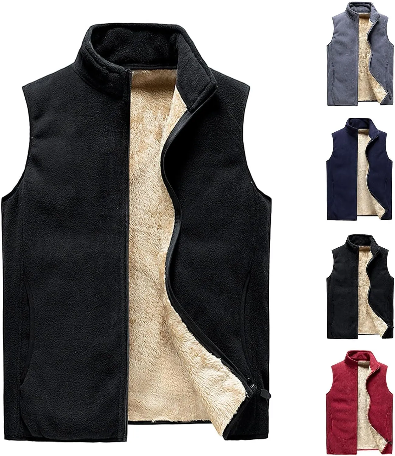 Men's Vest Stand Collar Padded Thicken Warm Winter Zip Up Jacket Sleeveless Casual Outdoor Sports Travel Vest