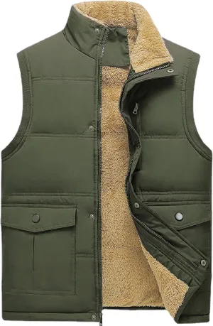 Men's Winter Warm Outdoor Padded Puffer Vest Thick Fleece Lined Sleeveless Jacket