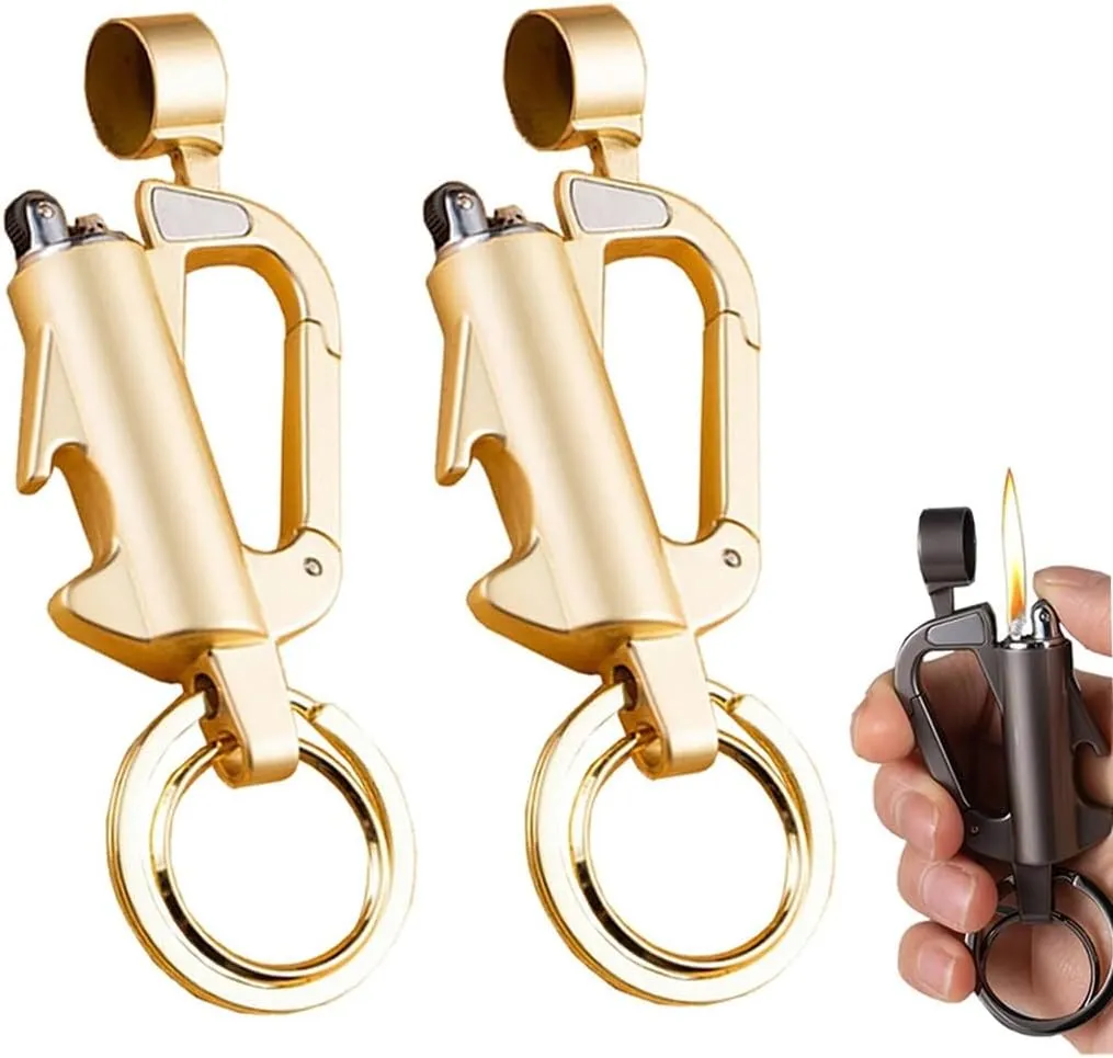 Metal Keychain Reusable Lighter, Permanent Match Infinity Kerosene Lighter with Multitool Keychain Bottle Opener, for Outdoor Survival Camping Mountaineering Hiking Tools(Gold Dust - 2 Pack)