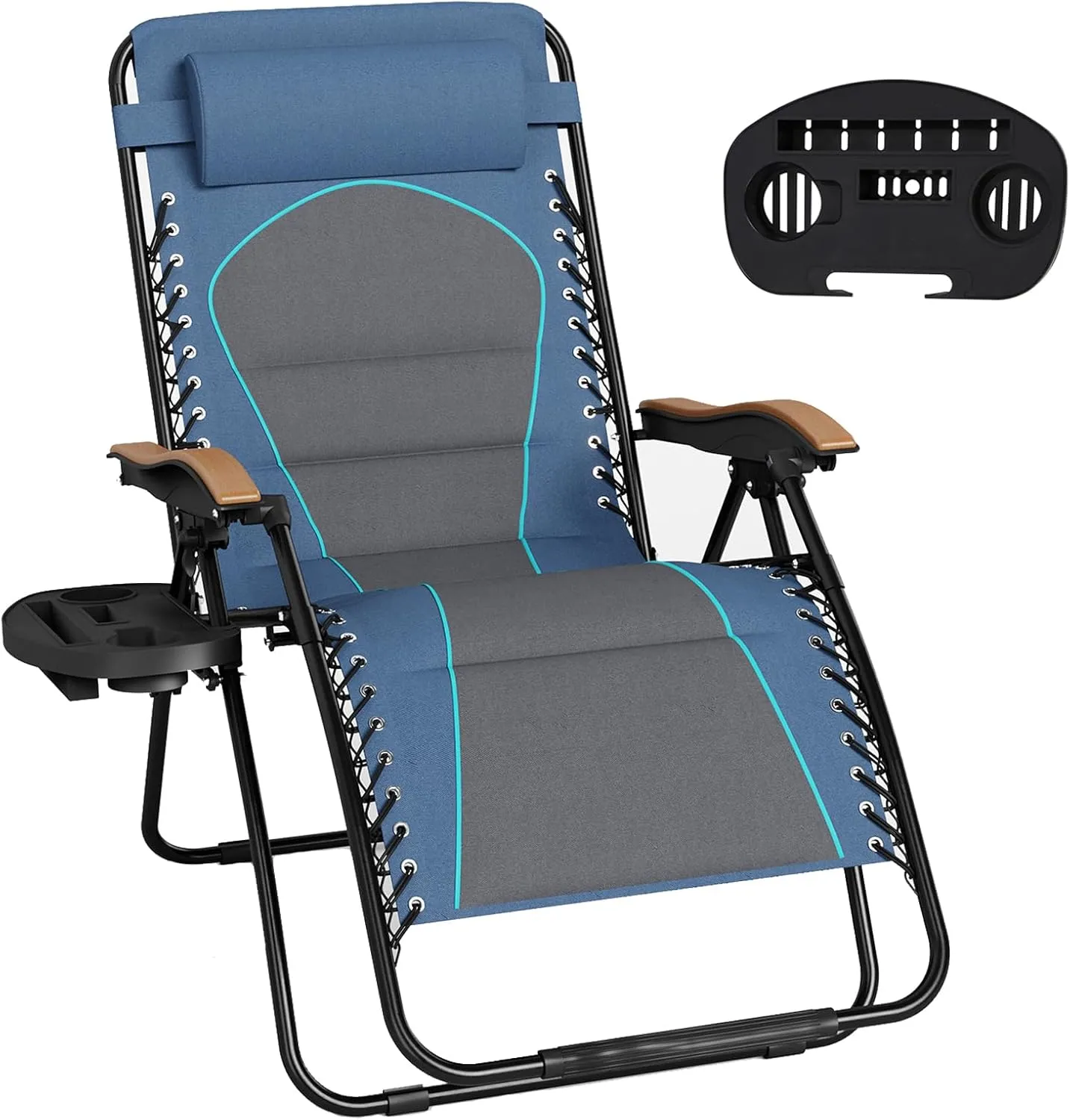 MFSTUDIO Zero Gravity Chairs, Oversized Patio Recliner Chair, Padded Folding Lawn Chair with Cup Holder Tray, Support 400lbs, Blue
