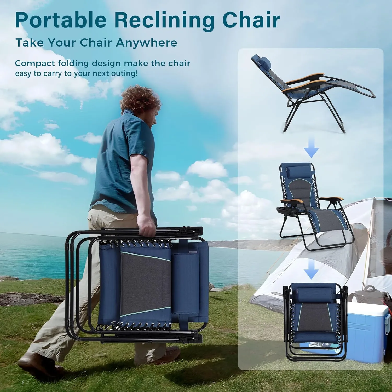 MFSTUDIO Zero Gravity Chairs, Oversized Patio Recliner Chair, Padded Folding Lawn Chair with Cup Holder Tray, Support 400lbs, Blue