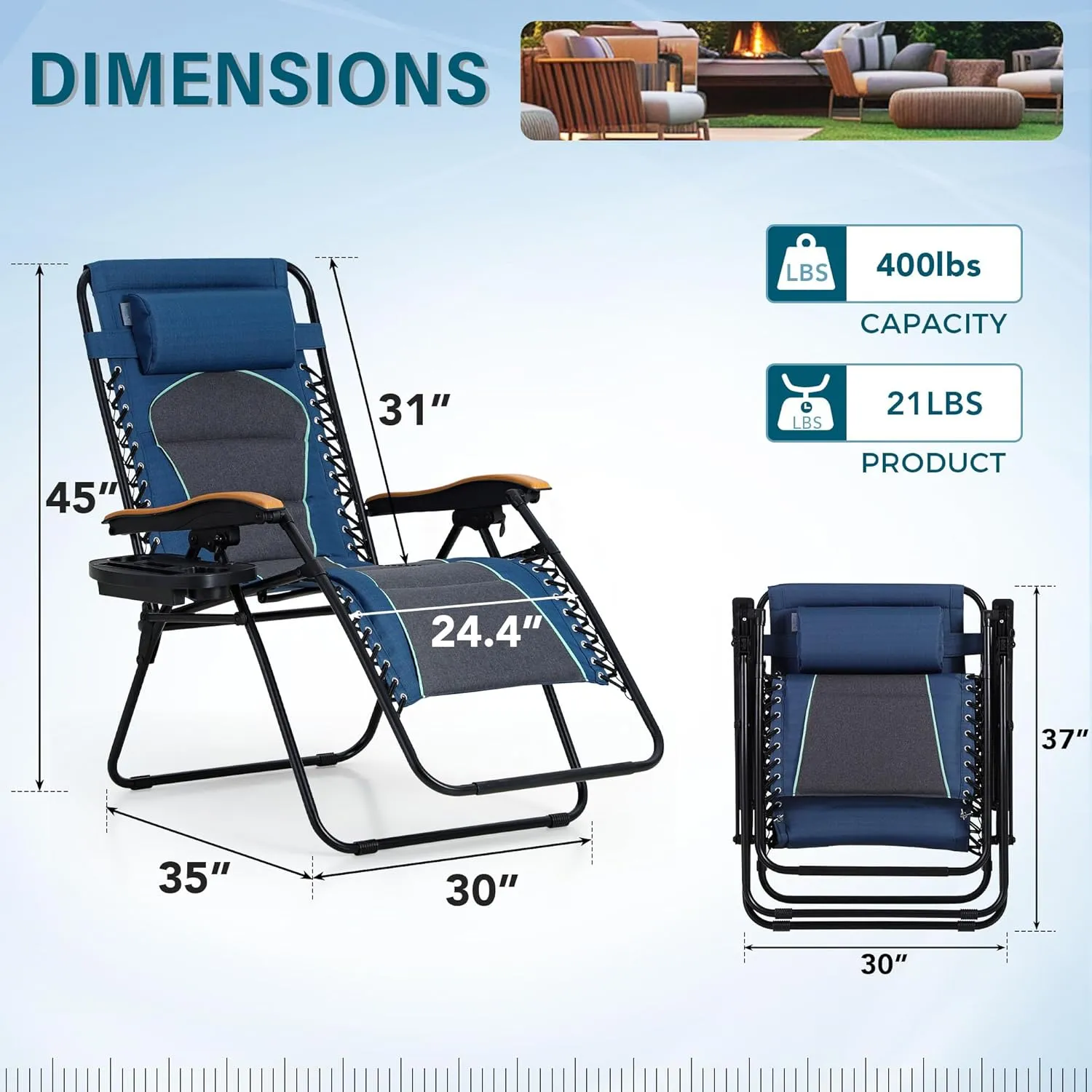 MFSTUDIO Zero Gravity Chairs, Oversized Patio Recliner Chair, Padded Folding Lawn Chair with Cup Holder Tray, Support 400lbs, Blue