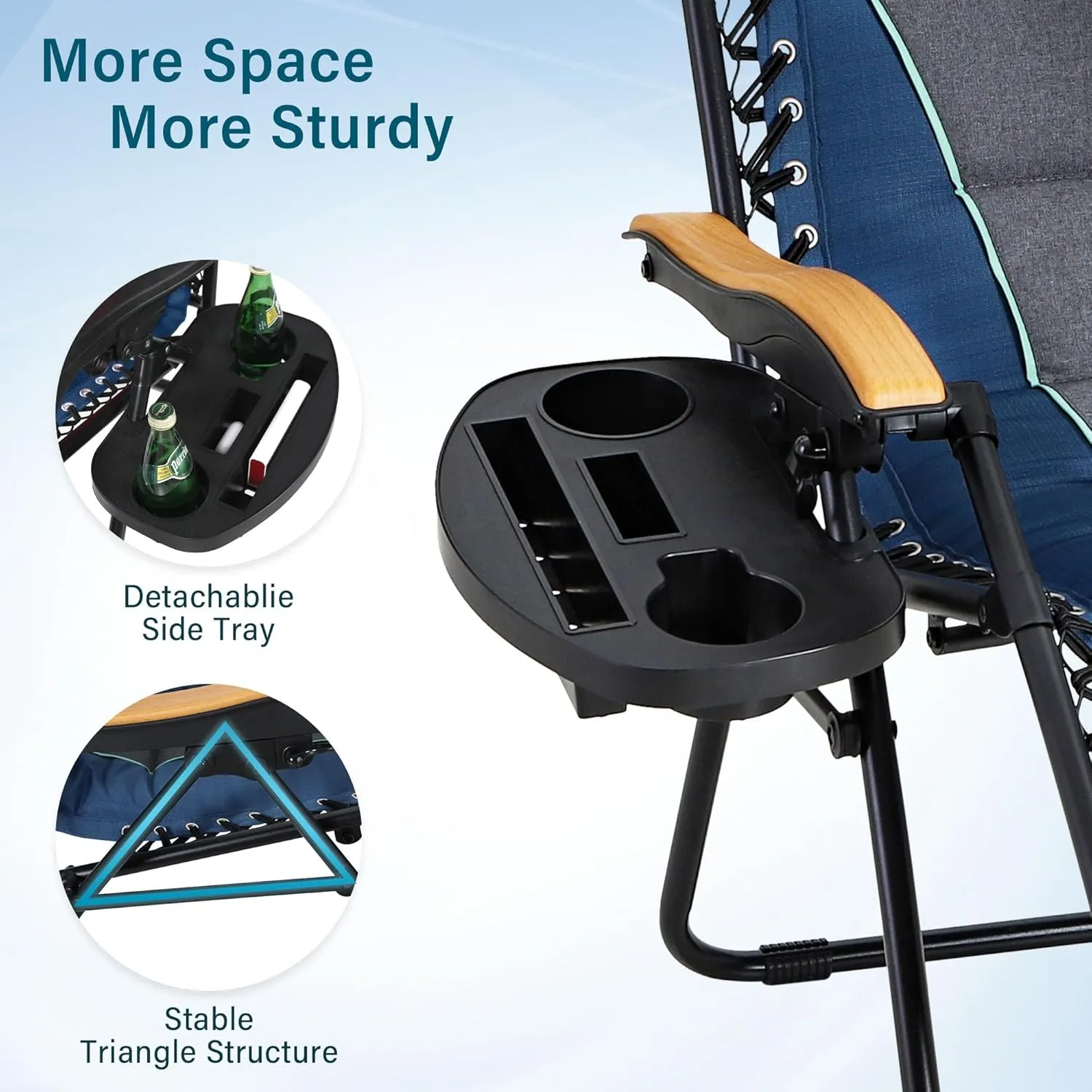 MFSTUDIO Zero Gravity Chairs, Oversized Patio Recliner Chair, Padded Folding Lawn Chair with Cup Holder Tray, Support 400lbs, Blue