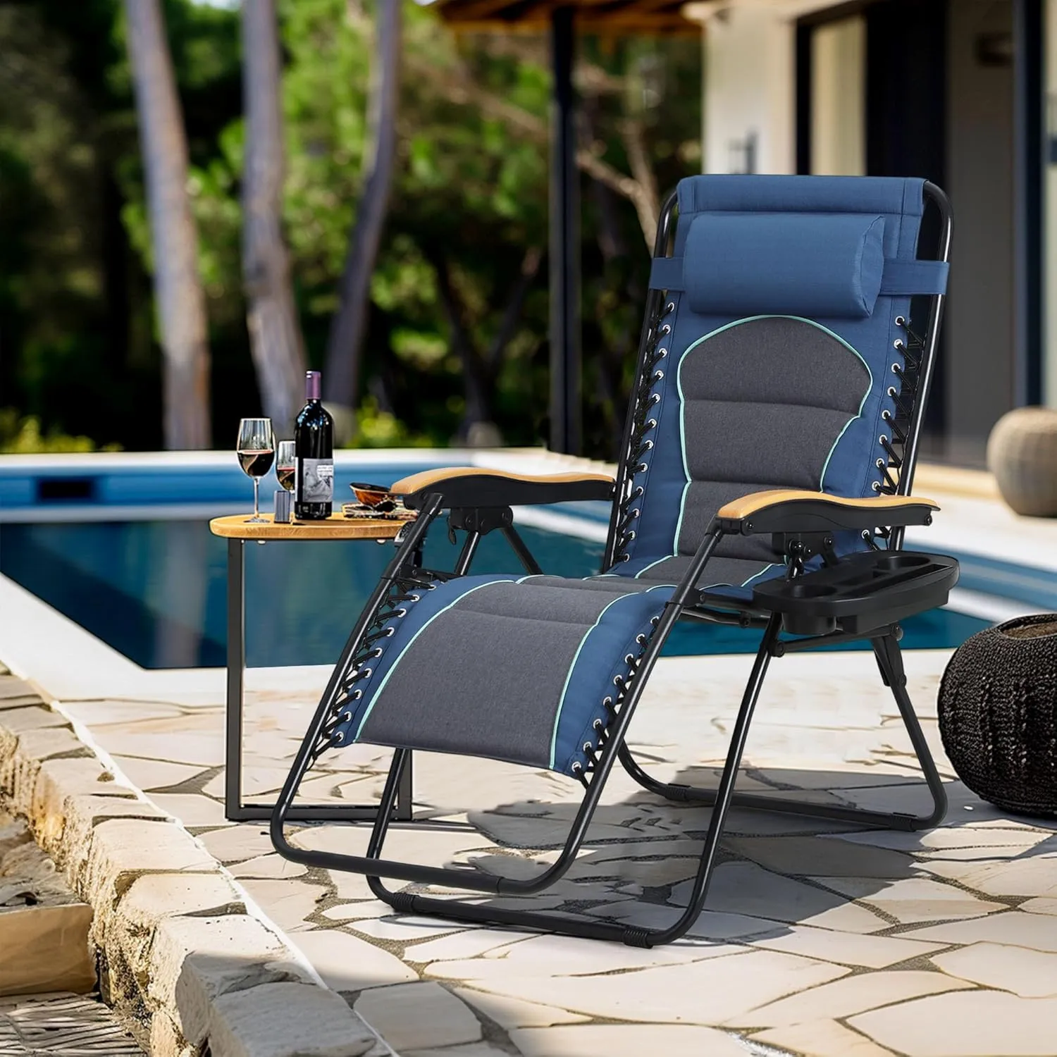MFSTUDIO Zero Gravity Chairs, Oversized Patio Recliner Chair, Padded Folding Lawn Chair with Cup Holder Tray, Support 400lbs, Blue