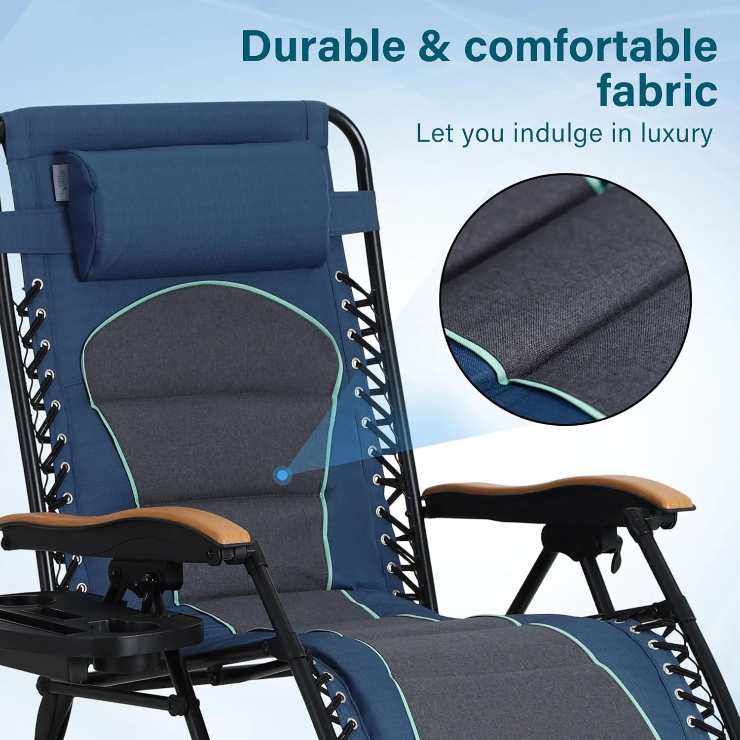 MFSTUDIO Zero Gravity Chairs, Oversized Patio Recliner Chair, Padded Folding Lawn Chair with Cup Holder Tray, Support 400lbs, Blue