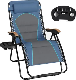 MFSTUDIO Zero Gravity Chairs, Oversized Patio Recliner Chair, Padded Folding Lawn Chair with Cup Holder Tray, Support 400lbs, Blue