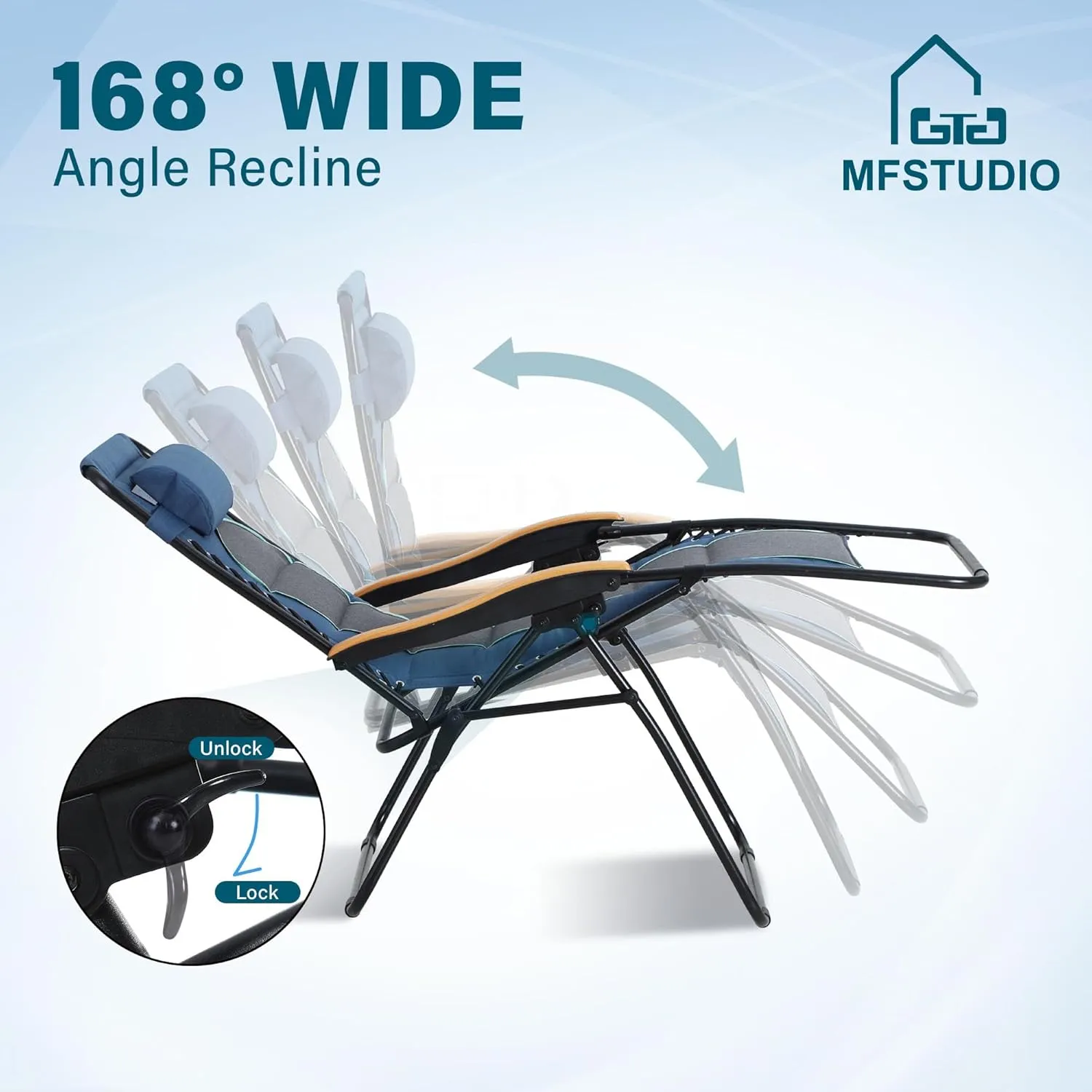 MFSTUDIO Zero Gravity Chairs, Oversized Patio Recliner Chair, Padded Folding Lawn Chair with Cup Holder Tray, Support 400lbs, Blue