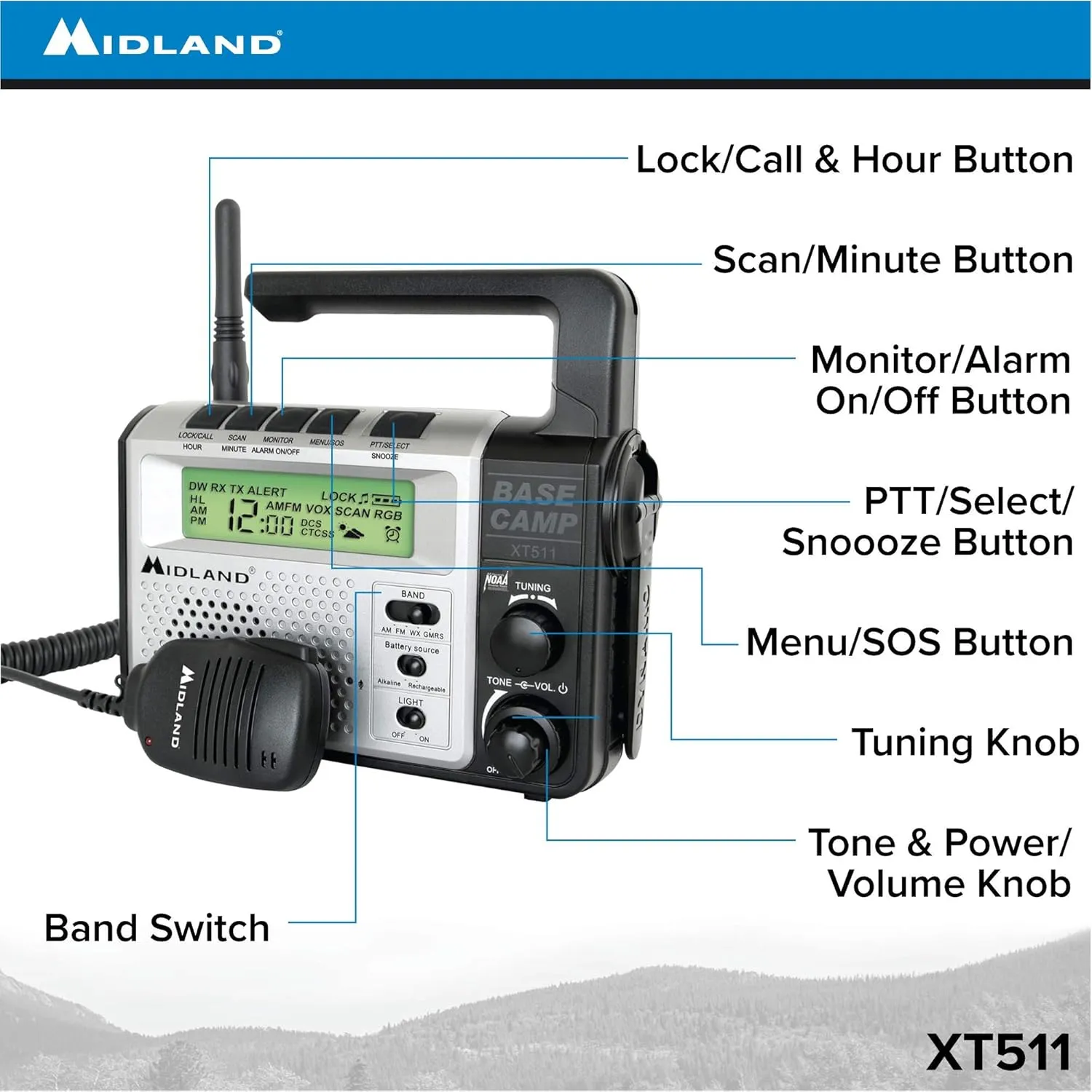 Midland® - XT511 - Emergency Radio - 22 Channel Two-Way Base Camp Radio with 5 Power Options, 121 Privacy Codes, 3-LED Flashlight & NOAA Weather Scan   Alert - Gray/Black
