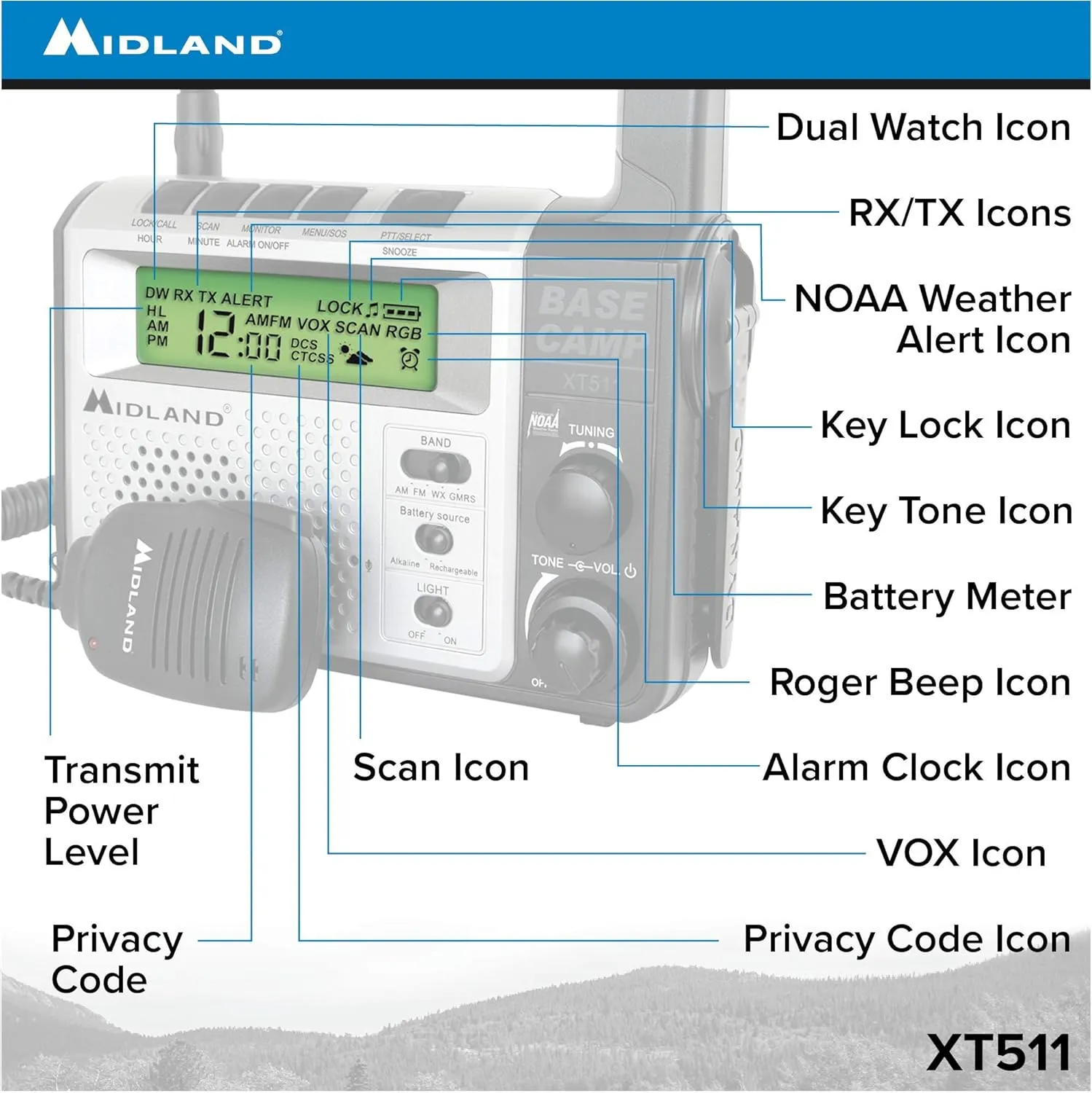 Midland® - XT511 - Emergency Radio - 22 Channel Two-Way Base Camp Radio with 5 Power Options, 121 Privacy Codes, 3-LED Flashlight & NOAA Weather Scan   Alert - Gray/Black